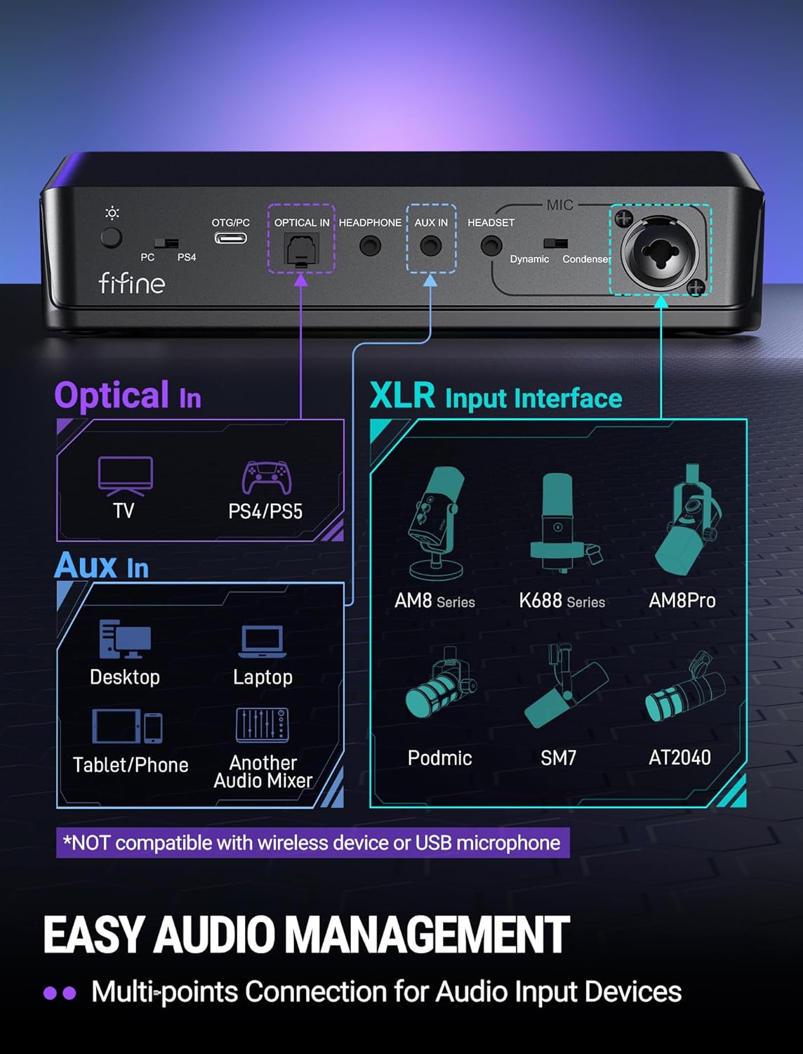 FIFINE AmpliGame SC8 Gaming Audio Mixer with RGB for PC and PS4, Black - مكسر صوت