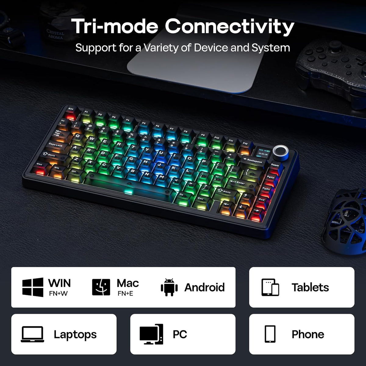 EPOMAKER x AULA F75 MAX Wireless Mechanical Keyboard (Black) – 75% Gasket Mount, Tri-Mode, Hot-Swappable & RGB Metal Knob - كيبورد ميكانيكي مع شاشة