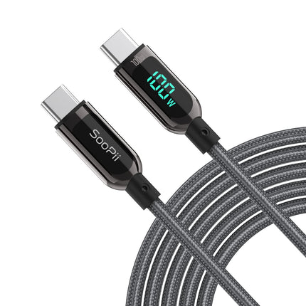 SooPii Data Cable S10CC Grey 1.2M USB C to USB C Charging Fast Charge Cable | LED Display Of Watt | 100W | Nylon Braided - كابل شحن سريع ممتاز بشاشة