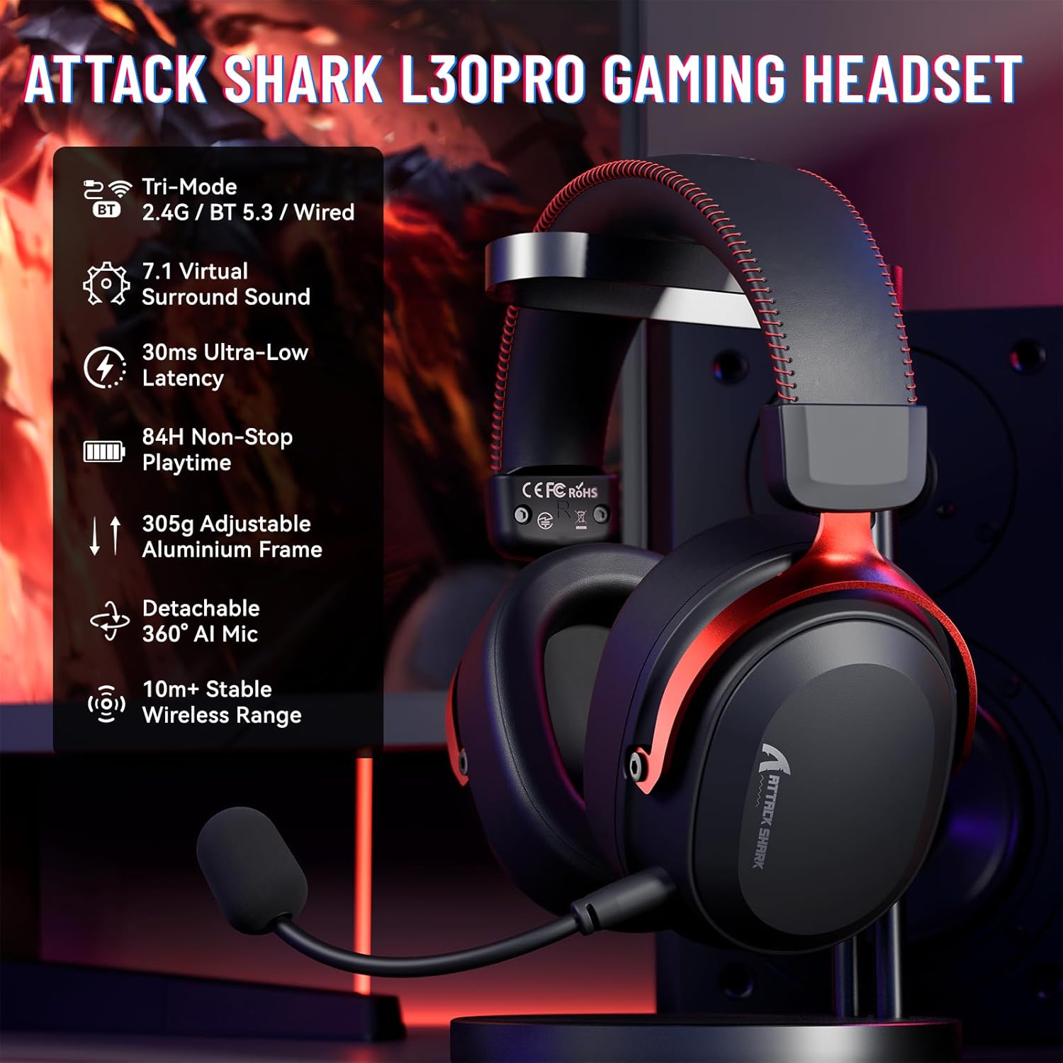 ATTACK SHARK L30PRO Wireless Gaming Headset, 7.1 Surround Sound Black Red - سماعة محيطية لا سلكية