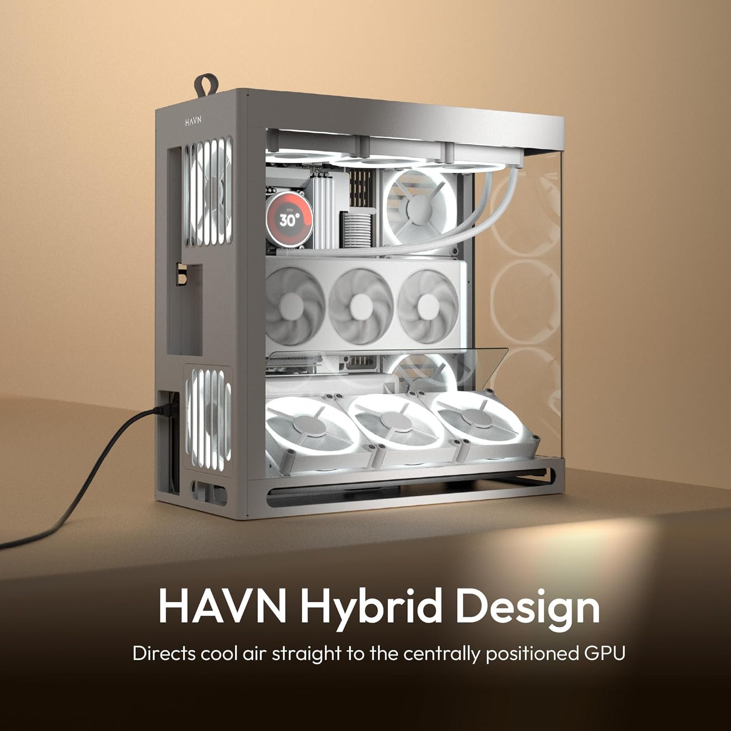 HAVN HS 420 VGPU Dual-Chamber Mid Tower ATX PC Case White | PCIe 5.0 Vertical GPU Kit, 11x 140mm Fan Slots & 2X 420mm Radiator Support, SimpliCable Cable Management, Tempered Glass, PWM Fan Hu - كيس ابيض