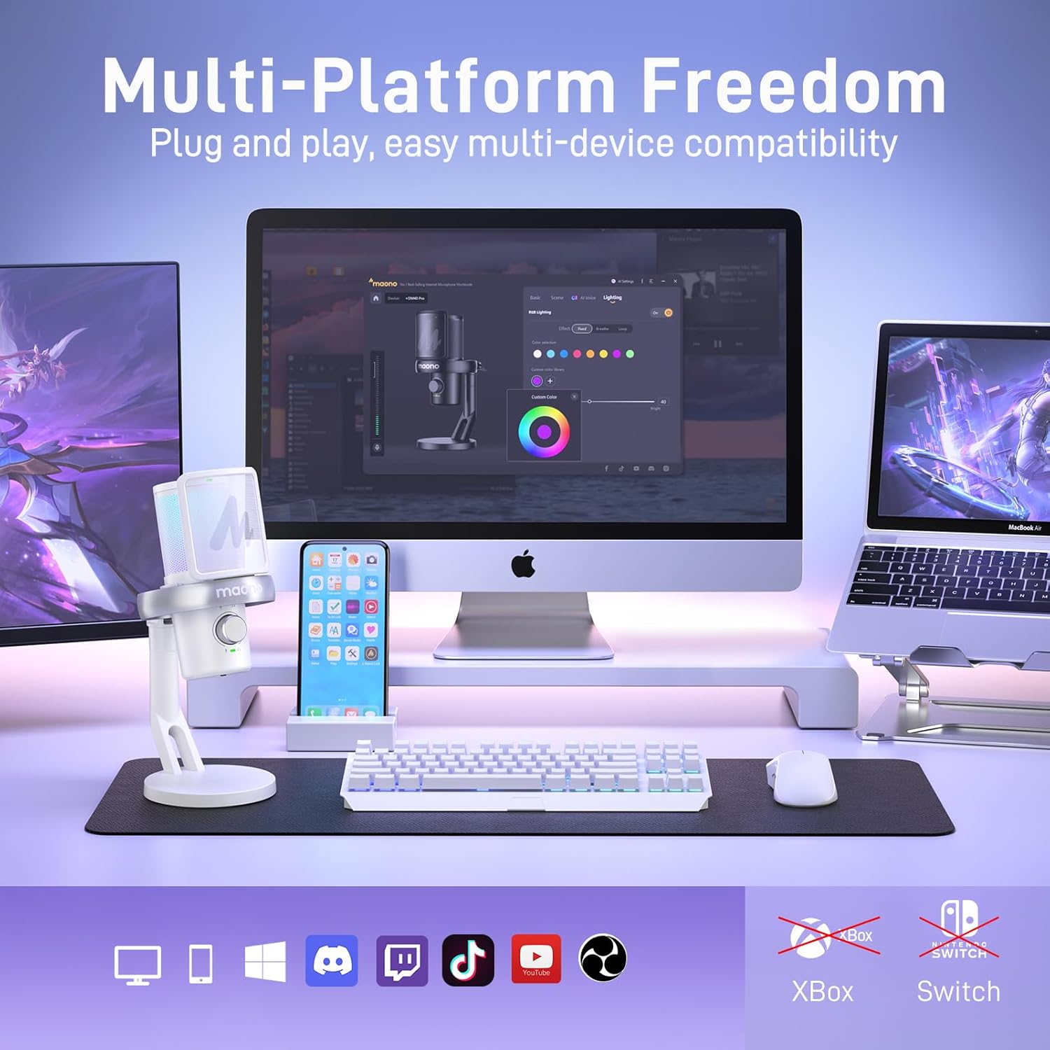 MAONO DM40 Pro wireless RGB Microphone With AI, Noise Cancellation, for Sony, Twitch, YouTube - White - مايكروفون لاسلكي أبيض