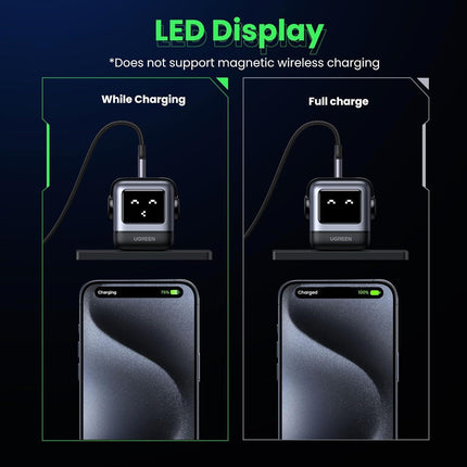 UGREEN Robot Charger 65W USB C Charger Nexode 3-Port Robot GaN Charger Compact Fast - Black - شاحن ذكي مع شاشه