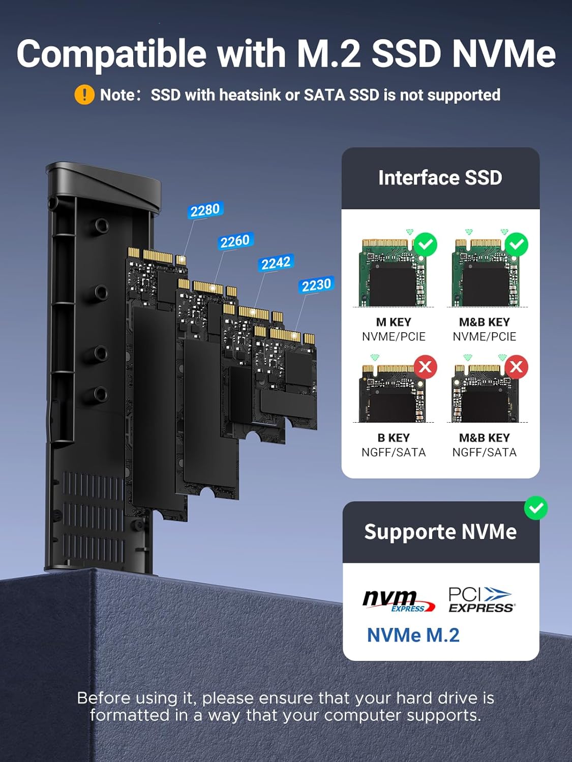 UGREEN M.2 NVMe SSD Enclosure 10Gbps USB 3.2 Gen 2 (10 Gbps) to NVME M-Key/(B+M) Key Solid State Drive External Enclosure Support UASP Trim for 2230/2242 /2260/2280 NVME SSDs - موصل للتخزين