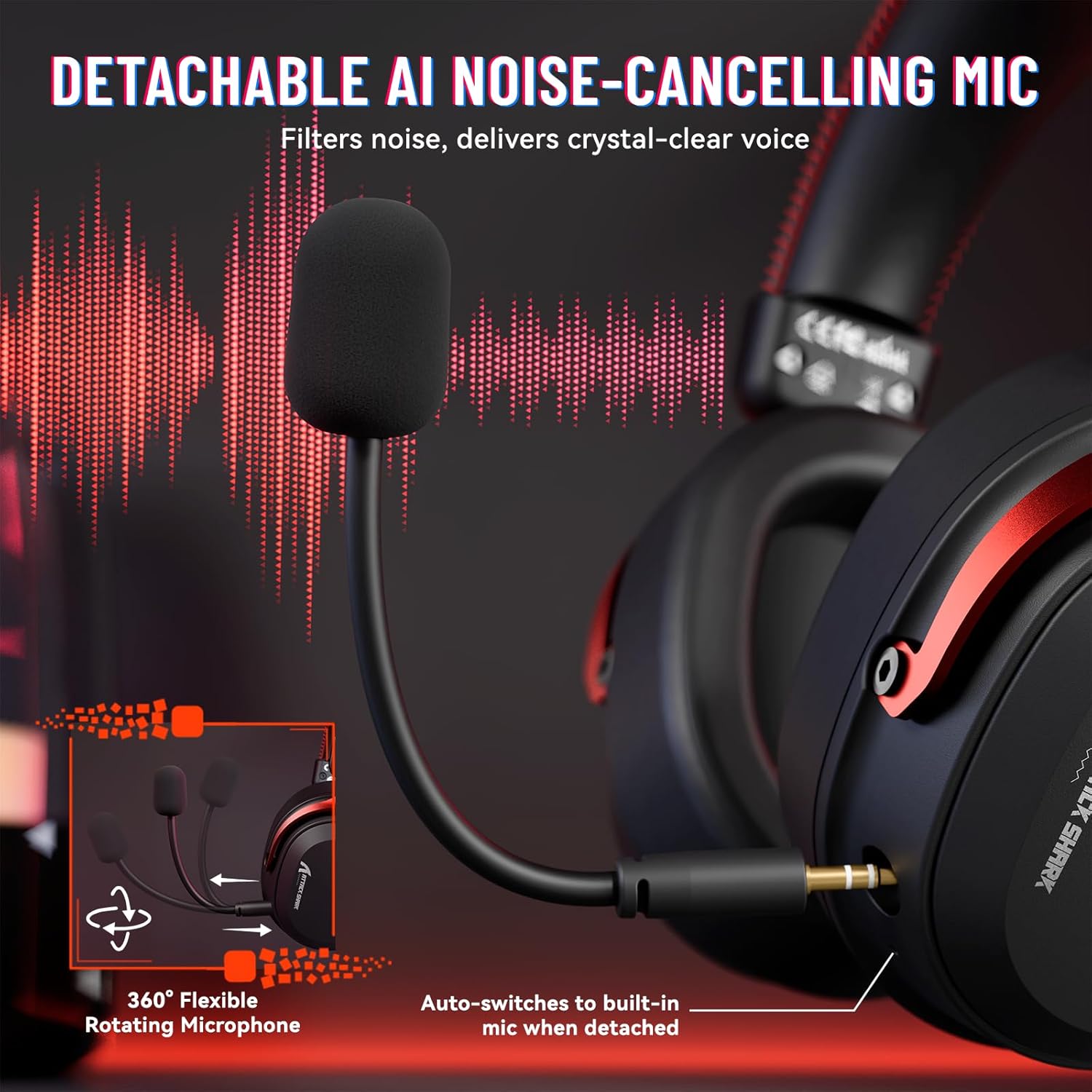 ATTACK SHARK L30PRO Wireless Gaming Headset, 7.1 Surround Sound Black Red - سماعة محيطية لا سلكية