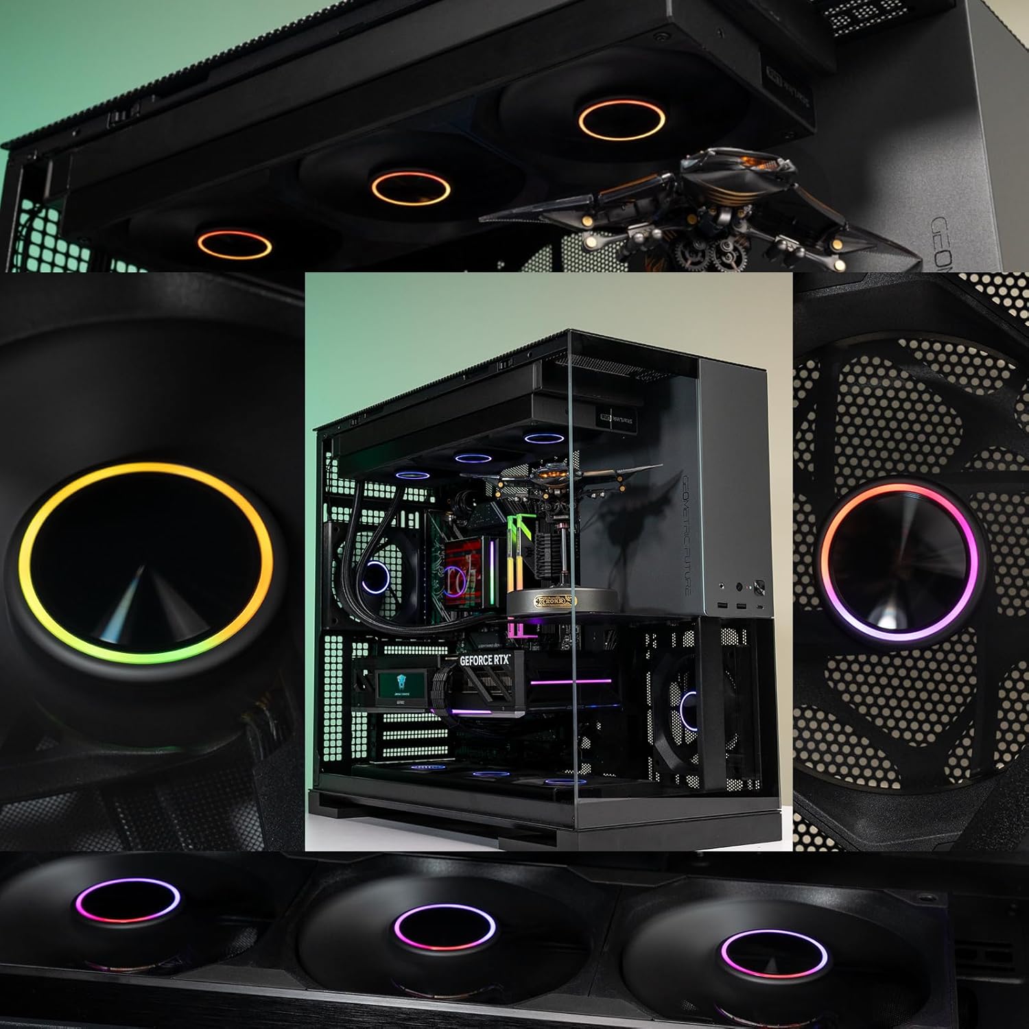 Jungle Leopard -Lite 360 PC Case Fan - Integrated Aluminum Side Light Band, Dynamic Fisheye Design with 3 x 120mm Fans, No Software Required RPM Display(Black) - مراوح