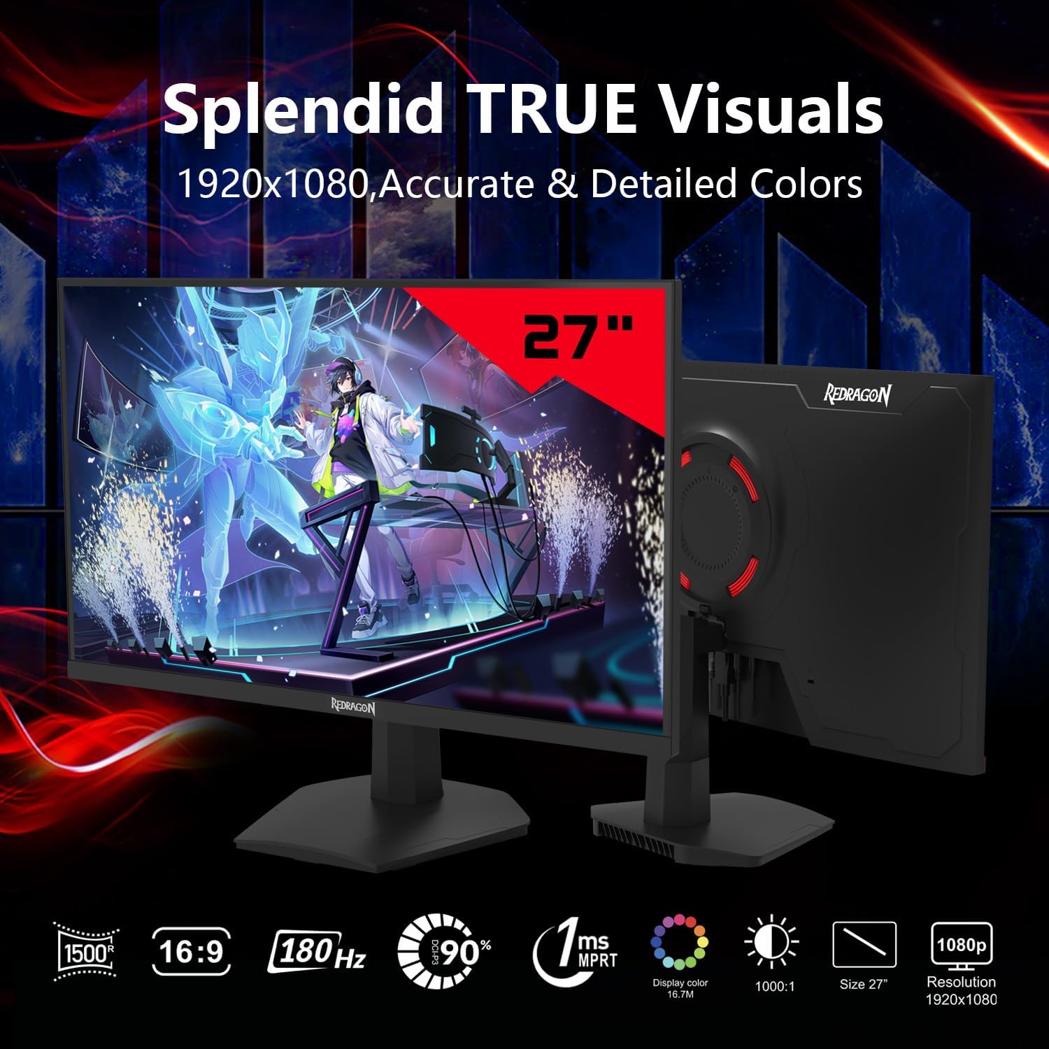 Redragon GM27X5IPS 27-inch FHD, 180Hz Refresh Rate, 1ms MPRT, IPS Panel Gaming Monitor with AMD FreeSync, Blur-Free Gaming with Vibrant Colors and Wide Viewing Angles - Black & Red - شاشه العاب