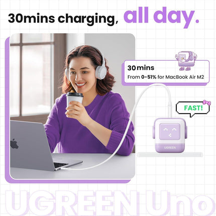 UGREEN Robot Charger 65W USB C Charger Nexode 3-Port Robot GaN Charger Compact Fast - Purple -  شاحن ذكي مع شاشه