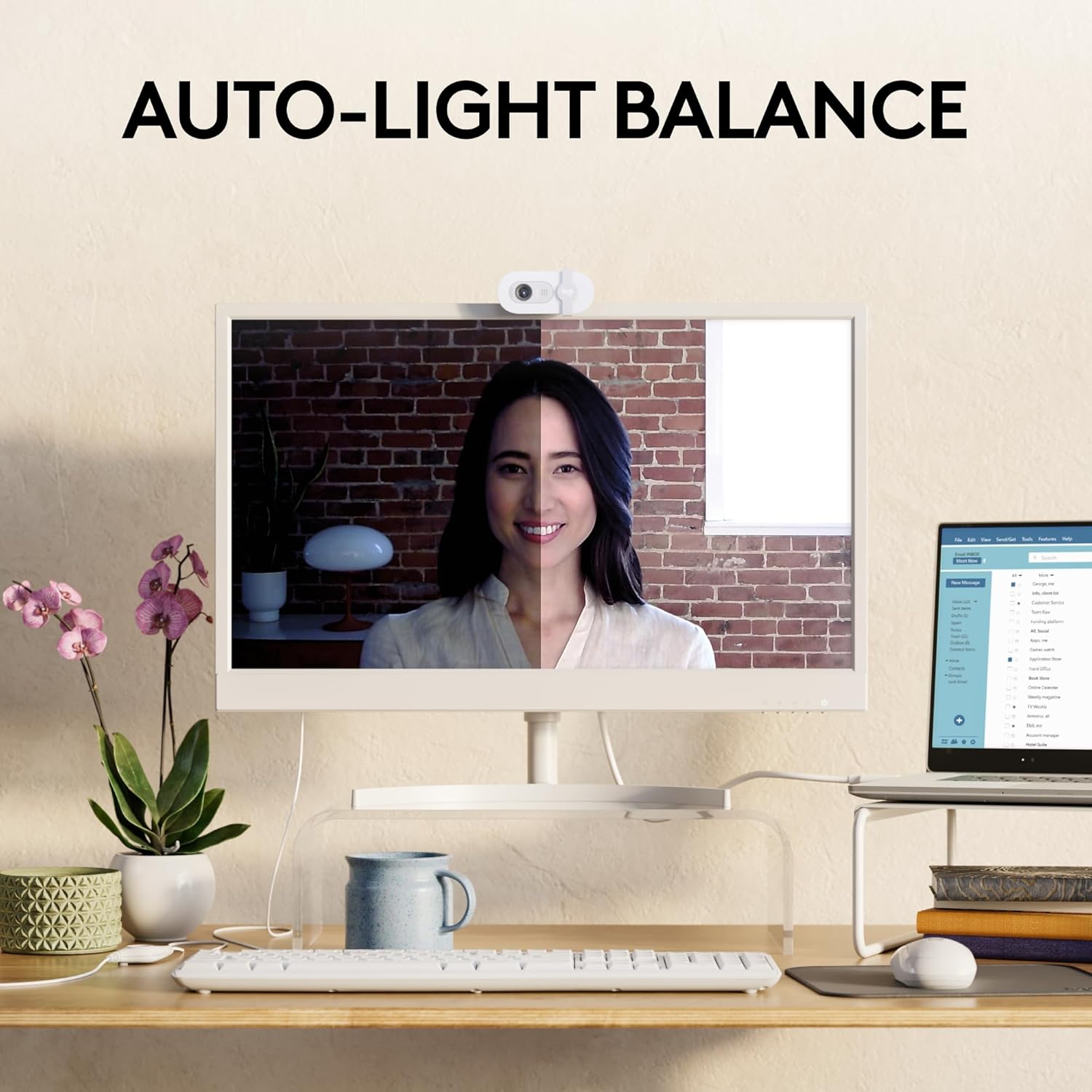 Logitech Brio 100 Full HD 1080p Webcam for Meetings, Streaming, Desktop, Laptop, PC - Built-in Mic, Shutter, Works with Zoom, Microsoft Teams, Nintendo Switch 2’s new GameChat Mode-Off -White - كام