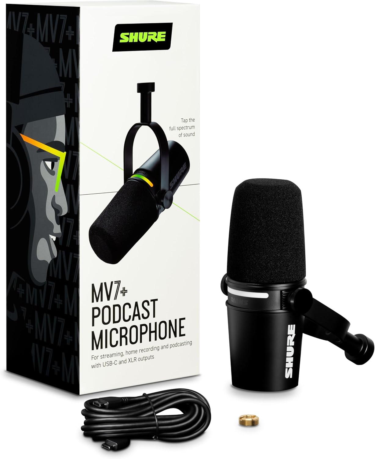 Shure MV7+ Podcast Dynamic Microphone. OBS Certified, Enhanced Audio, LED Touch Panel, USB-C & XLR Outputs, Auto Level Mode, Digital Pop Filter, Reverb Effects, Podcasting, Streaming, Recording -Black - مايك أحترافي