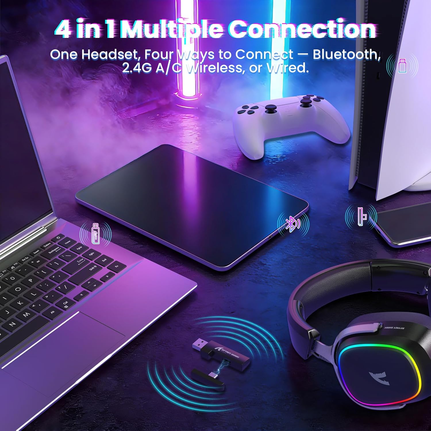 ATTACK SHARK G800 Wireless Gaming Headset, 7.1 Surround Sound Black - سماعة محيطية لا سلكية