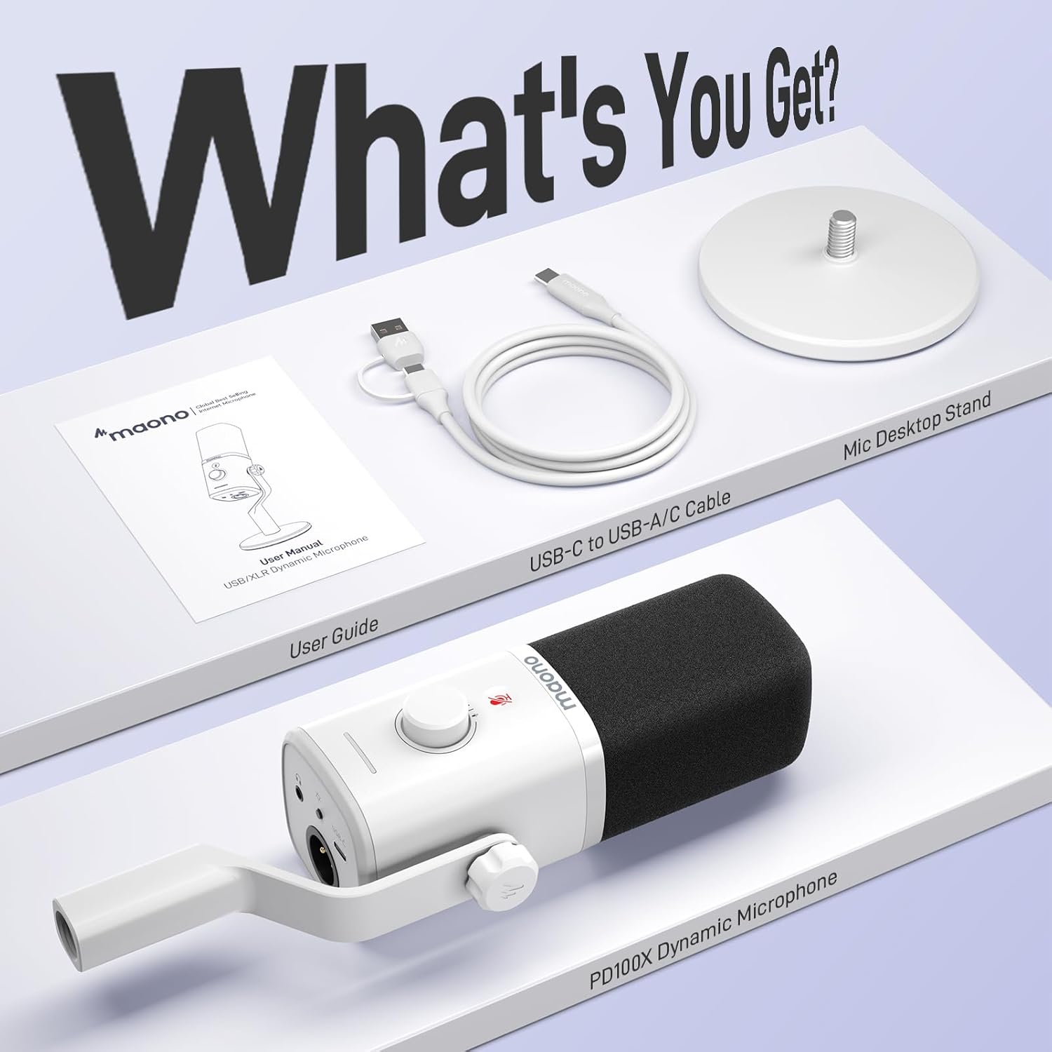 MAONO Dynamic Gaming Microphone: USB XLR Dynamic Computer Microphone with Software-RGB PC Mic for Gamer-Podcast Mic for Streaming Recording Studio YouTube Content Creation Online Chat PD100X (White) - مايك أبيض