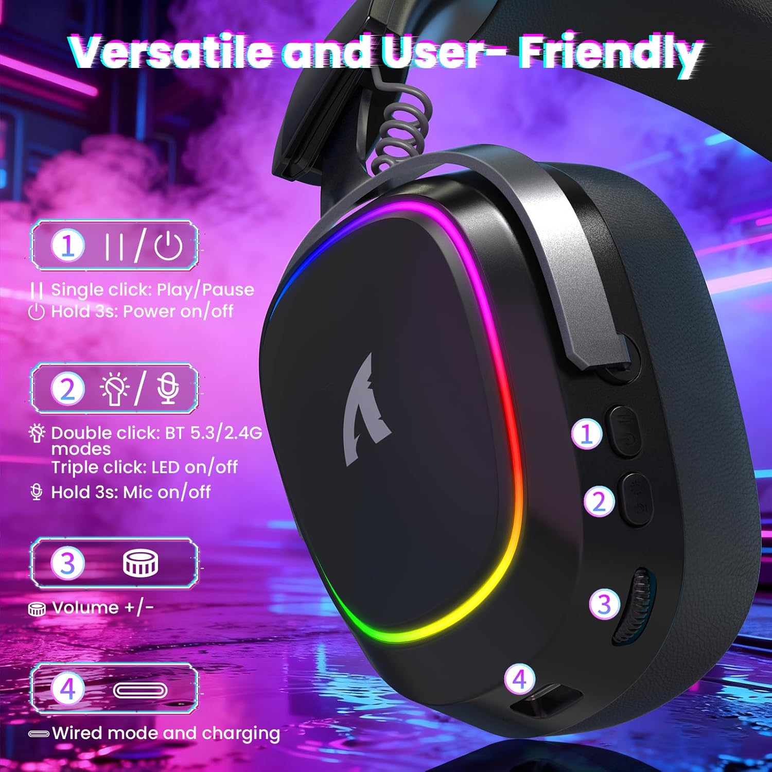 ATTACK SHARK G800 Wireless Gaming Headset, 7.1 Surround Sound Black - سماعة محيطية لا سلكية