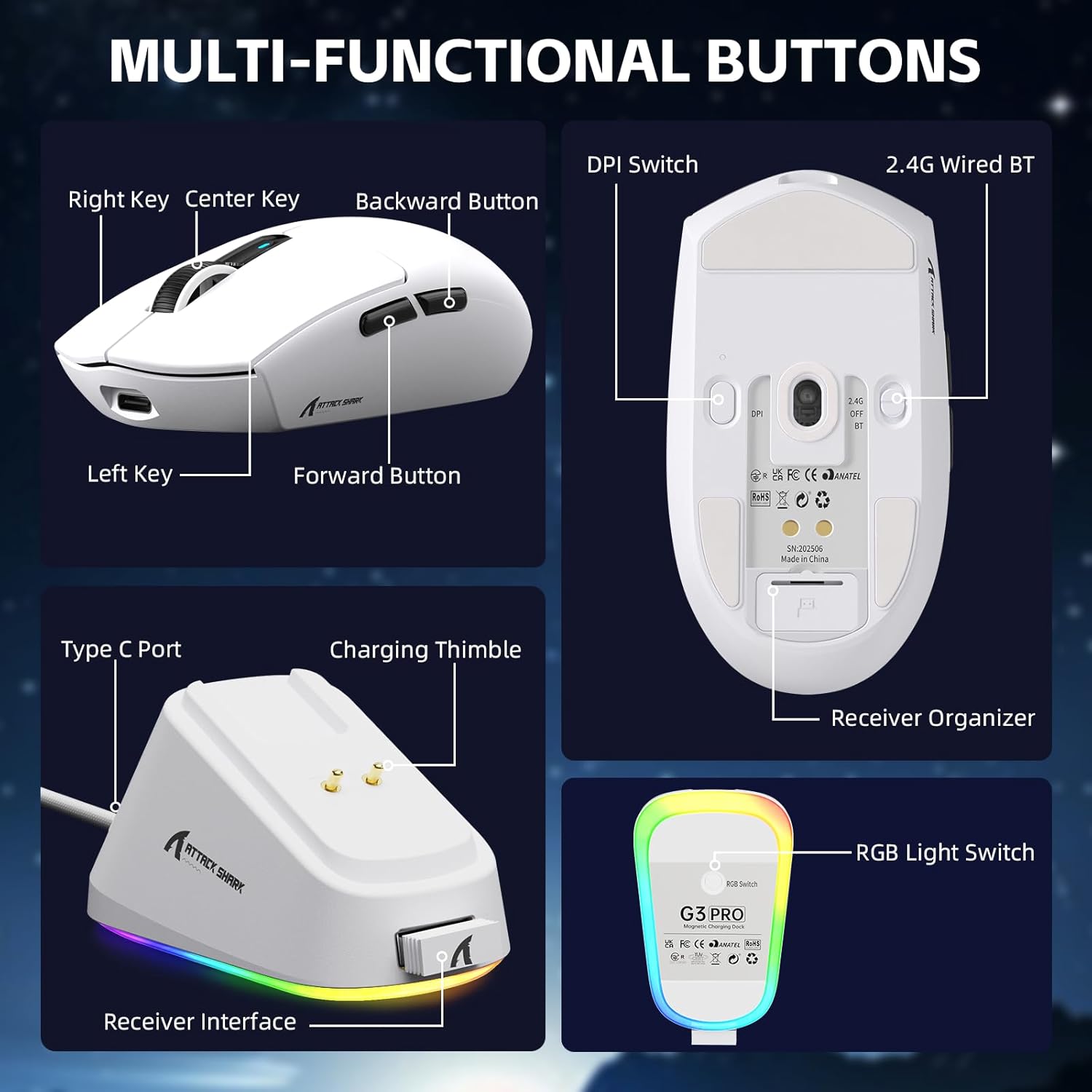 ATTACK SHARK G3PRO Tri-mode Wireless Gaming Mouse with RGB charge Dock White - موس قيمنق