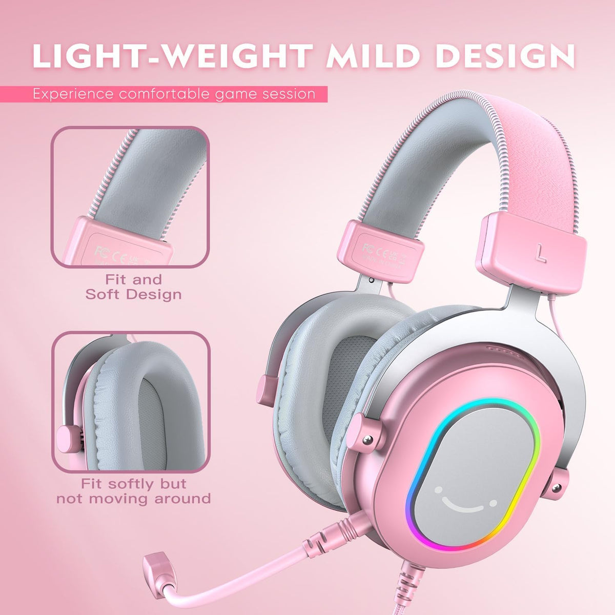 FIFINE AmpliGame H6 USB Wired RGB Gaming Headset (7.1 Virtual Surround Sound, 24-Bit Audio, 3 EQ Modes, Detachable Mic) Pink - سماعة