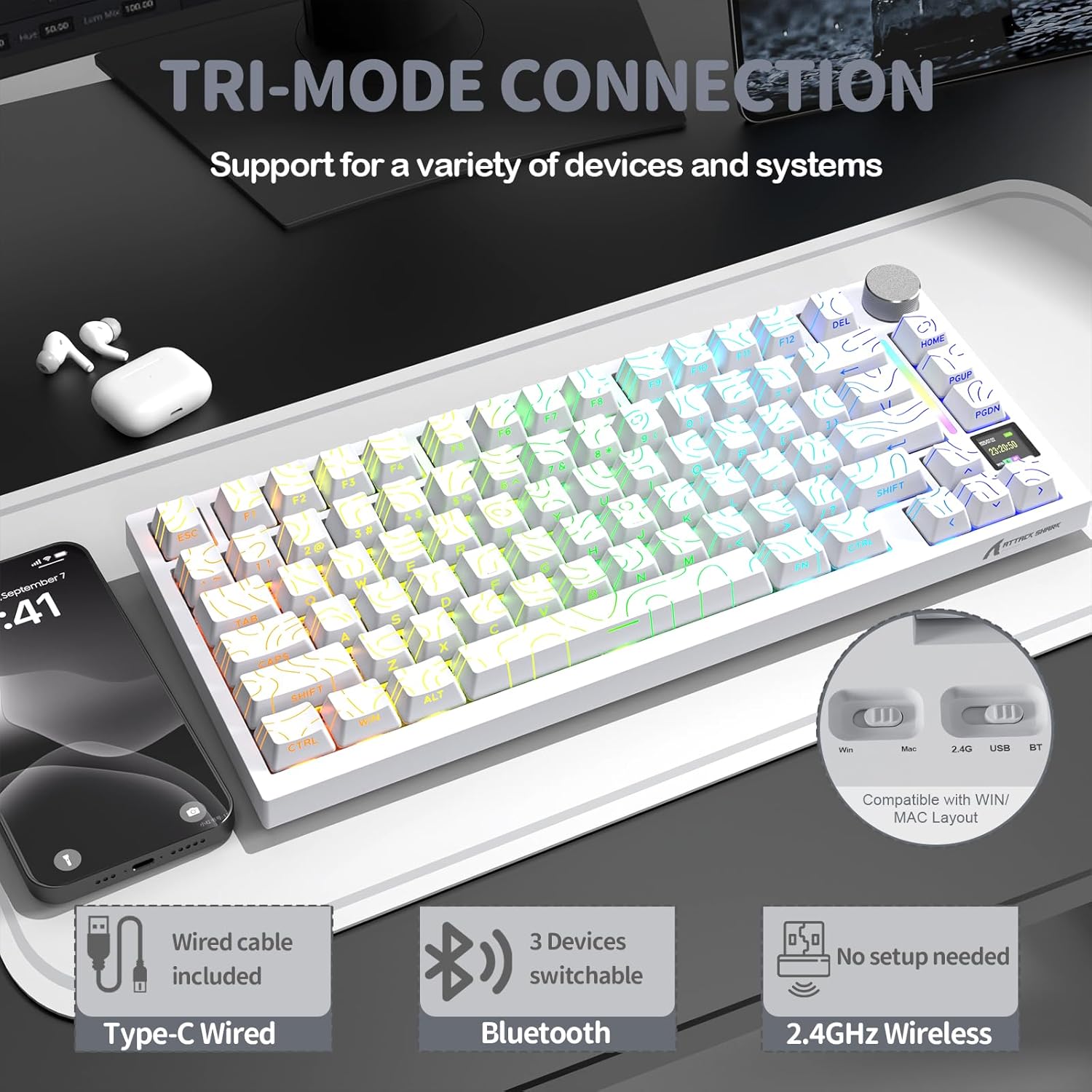 ATTACK SHARK X820Ultra Tri-mode Wireless Gasket Mechanical Keyboard with Smart Display White Contour & Shark Switch - كيبورد ميكانيكي أبيض