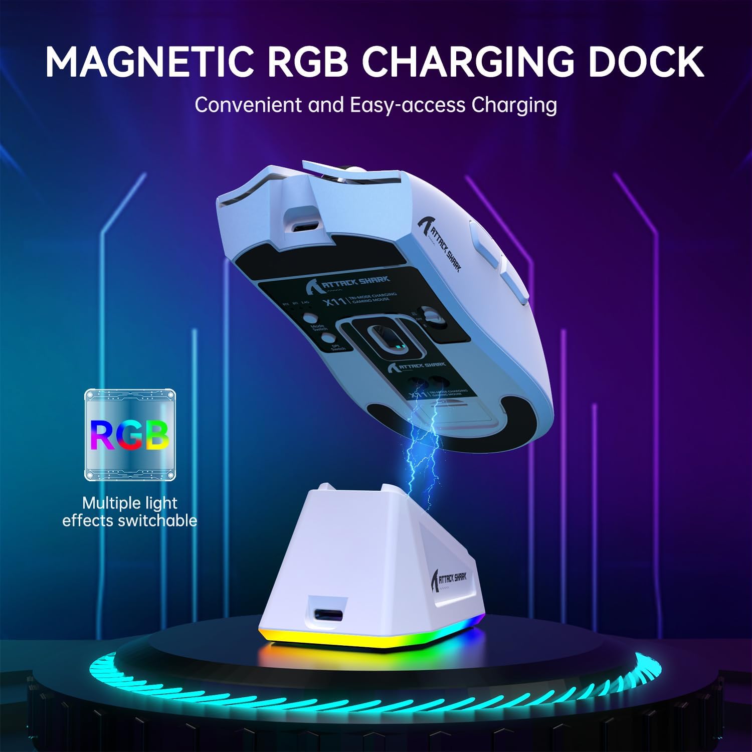 ATTACK SHARK X11 Lightweight Wireless Gaming Mouse with RGB Charging Dock,Tri-Mode-2.4G/USB-C Wired/BT,22K DPI,PAW3311 Optical Sensor,HUYU Switch, 5 programmable Buttons for PC/Mac(White)  - ماوس قيمنق لاسلكي