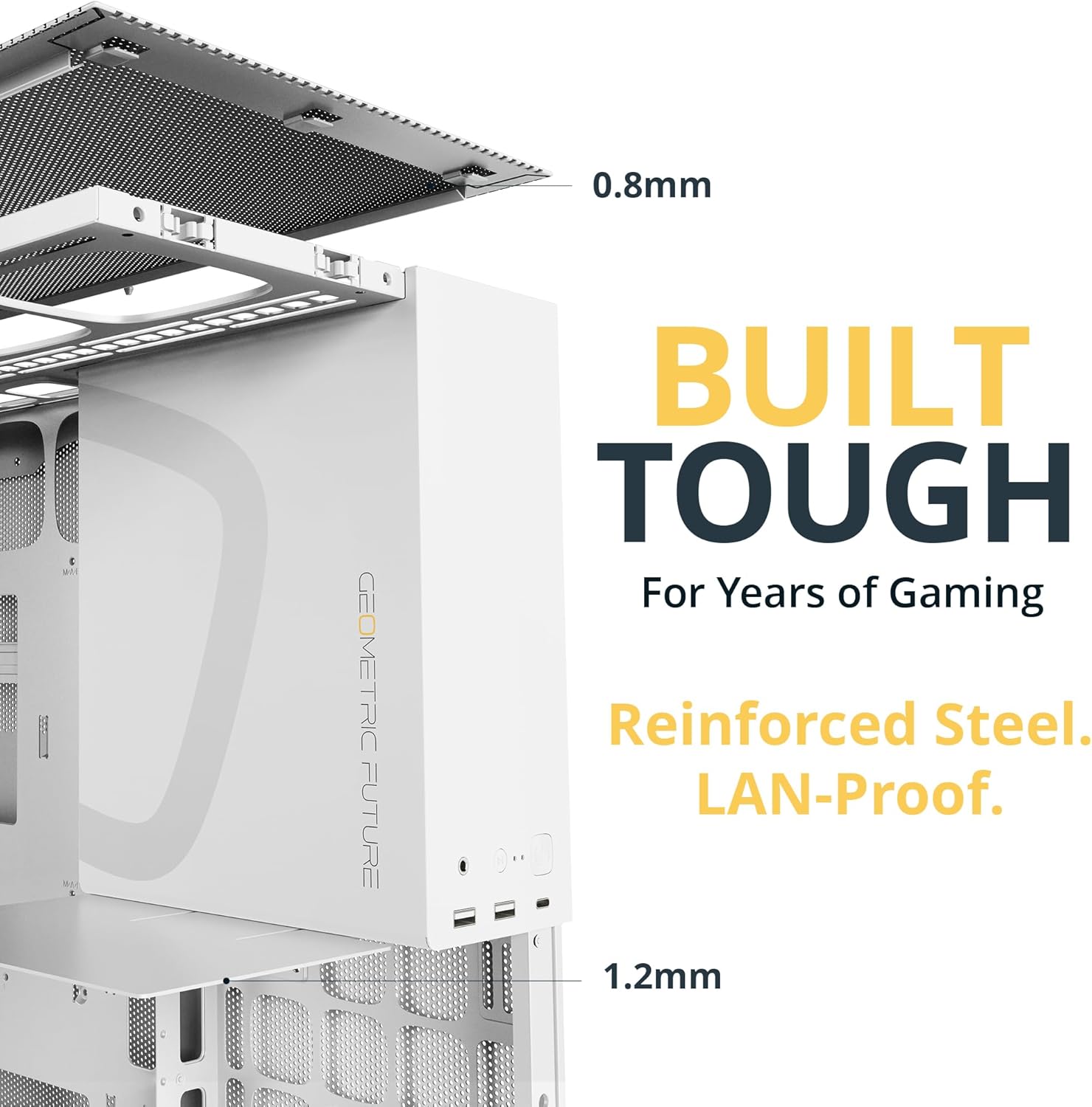 Geometric Future M5 Tempered Glass Mid Tower, E-ATX/ATX Gaming Case, 1.2mm Steel, Type C, Toolless Panels, Support 420/360 Radiator, ARGB PWM 140m Fan x 5 Pre-Installed, White -  كيس أبيض