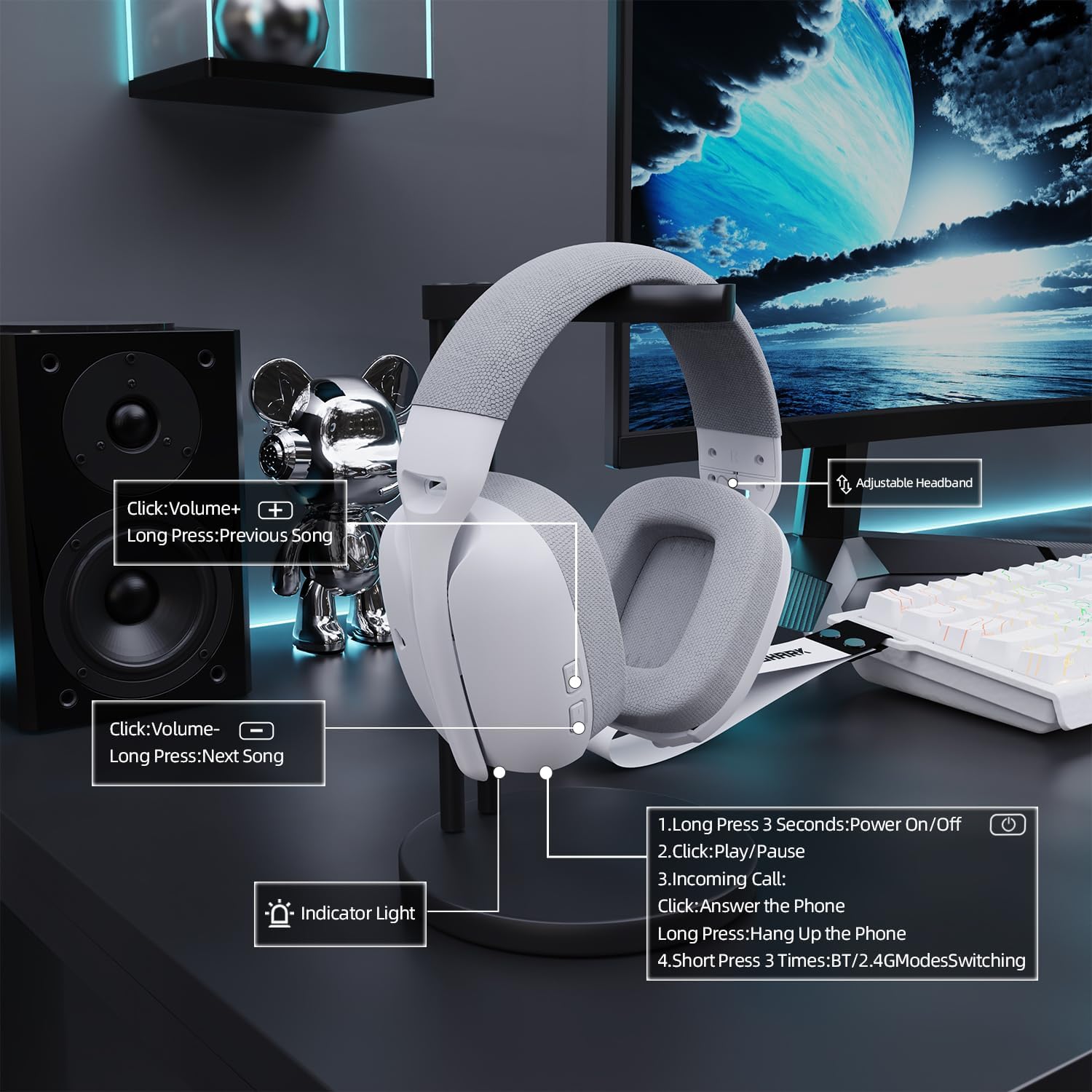 ATTACK SHARK L80PRO Wireless Gaming Headset Lightseed Tech- Built-in&Detachable Dual Microphone-Lightweight Headphone with Tri-Mode(2.4GHz USB C&A Dongle/BT/Wired)-for PC Mac Switch Win-White - سماعة قيمنق وايرليس