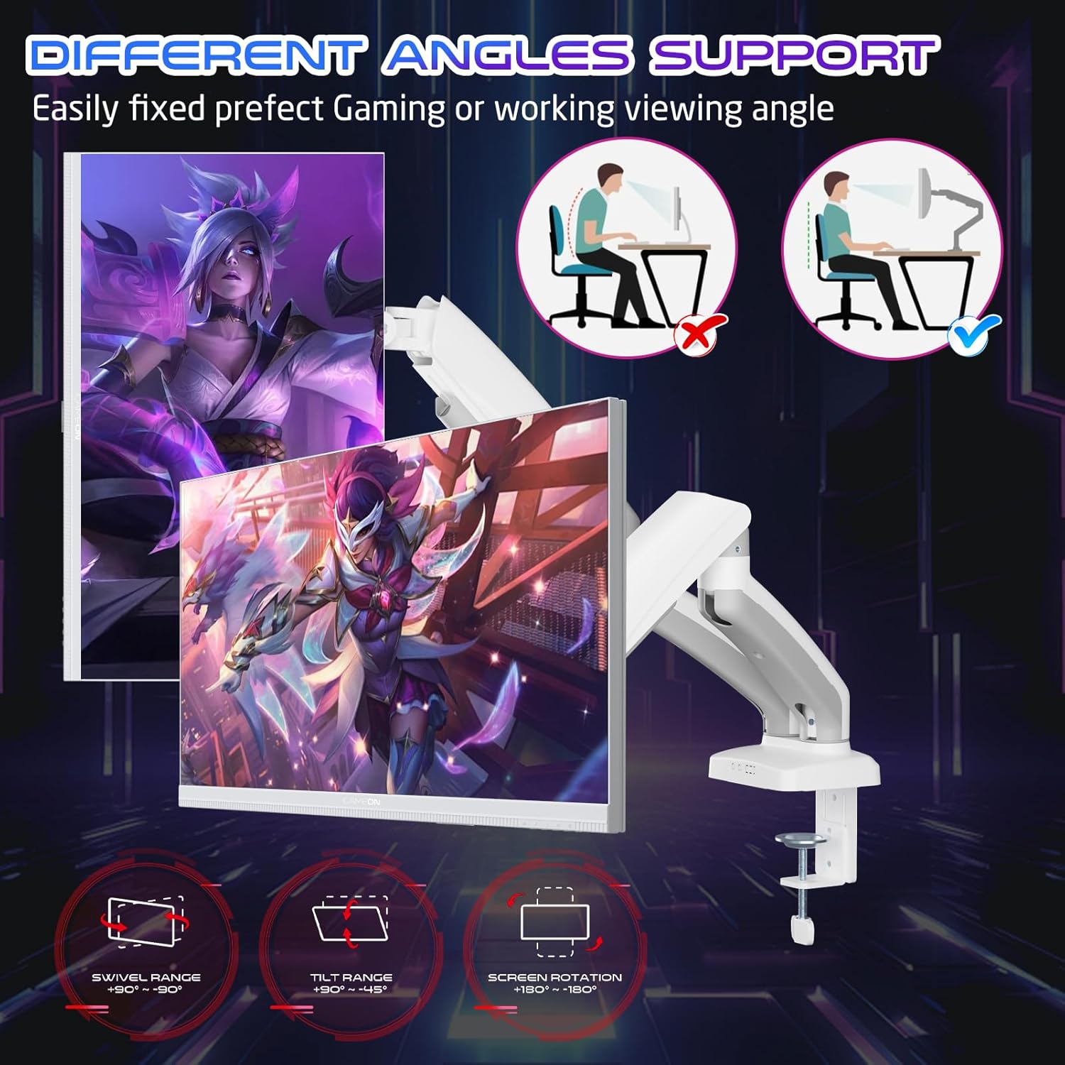 GAMEON GO-5450 Mechanical Spring Monitor Dual Arm, 360 Degree Rotation, 17