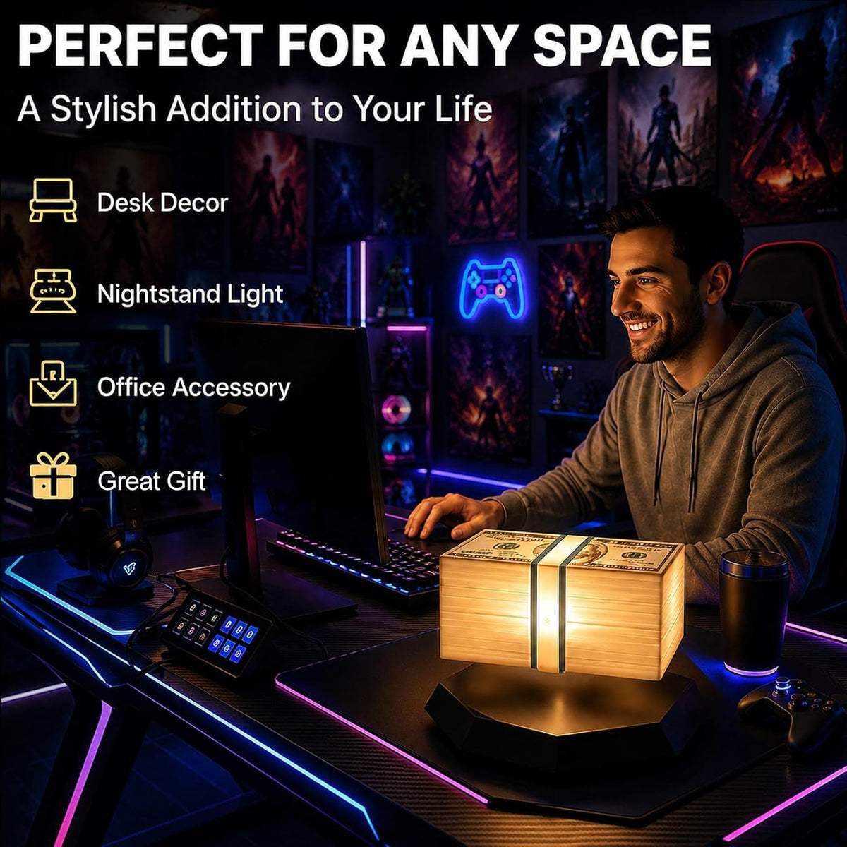 Floating Money Lamp – Magnetic Levitation Dollar Lamp with 3-Color LED Ambient Light & 360° Rotation - مصباح المال العائم
