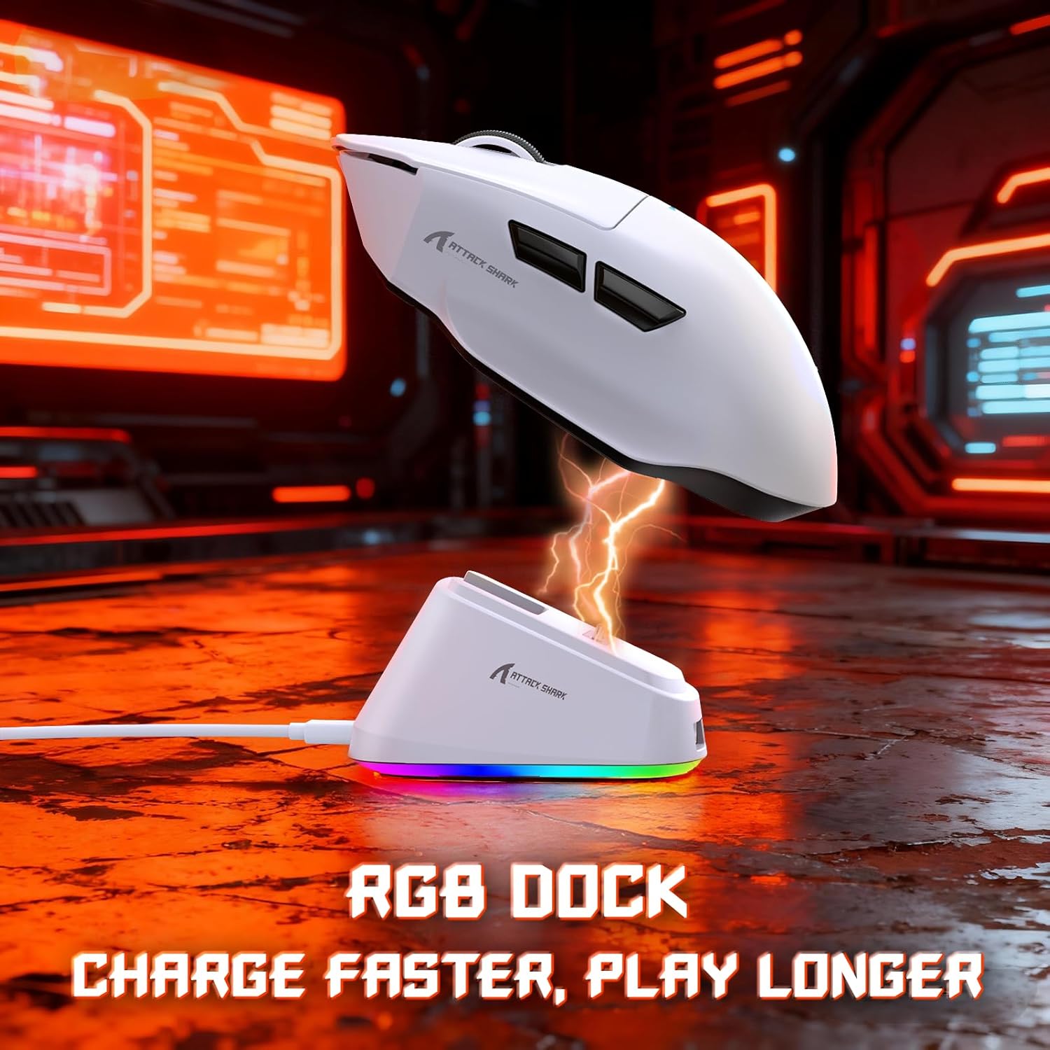 ATTACK SHARK V6 Ultra-Light Tri-Mode White Gaming Mouse with RGB Magnetic Charging Dock - ماوس ممتاز مع شاحن