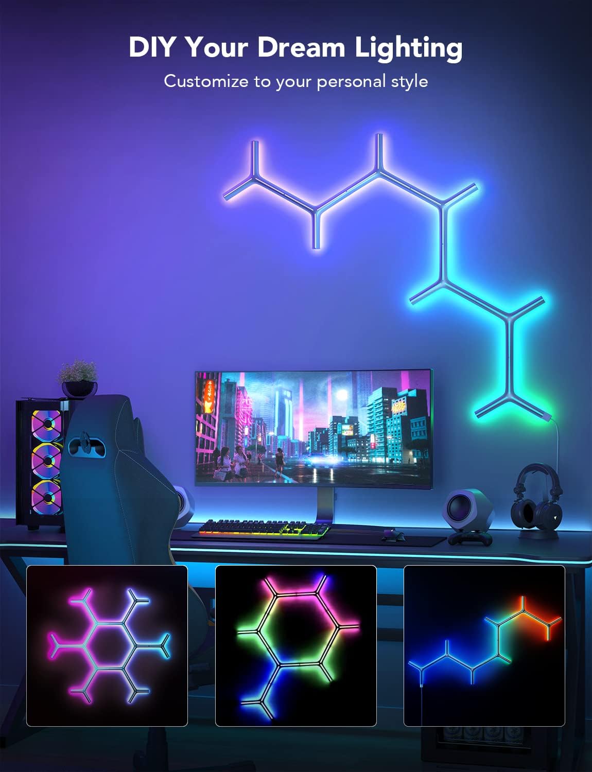 Govee Glide Y-Shape LED Light Panels 7-Pack (H6065) – 3D Metallic Smart RGBIC Wall Panels - إضاءة حائط