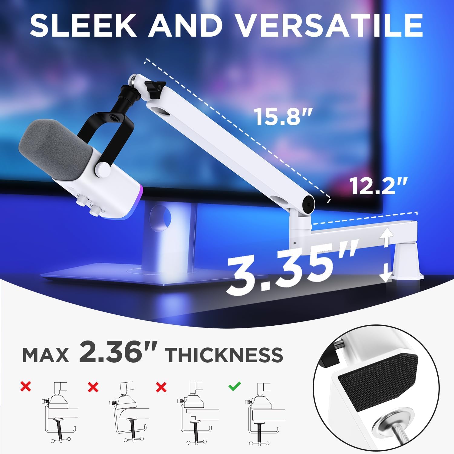 InnoGear 2026 Upgraded Microphone Boom Arm, Magnetic Cable Management Low Profile Mic Stand 360° Rotatable Desk Mount for Fifine AM8 K669B Blue Yeti HyperX QuadCast SoloCast AT2020, White
