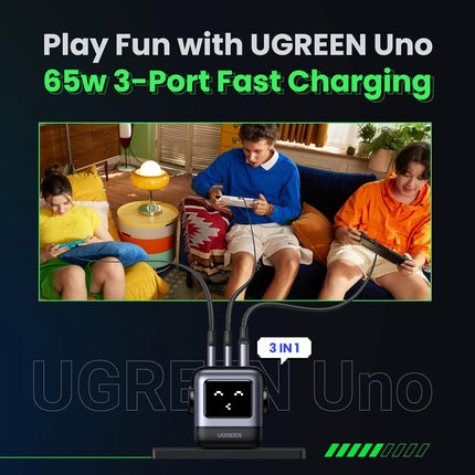 UGREEN Robot Charger 65W USB C Charger Nexode 3-Port Robot GaN Charger Compact Fast - Black - شاحن ذكي مع شاشه