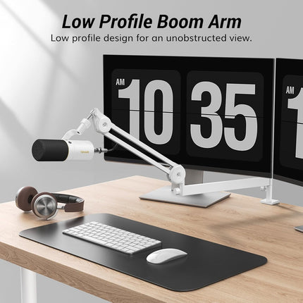 TONOR Microphone Boom Arm, Low Profile Mic Arm, Fully Adjustable Mic Stand with Desk Mount Clamp,Screw Adapter, Cable Management, for Streaming Gaming Podcast Studio Recording Home Office T40LP White - ستاند للمايك