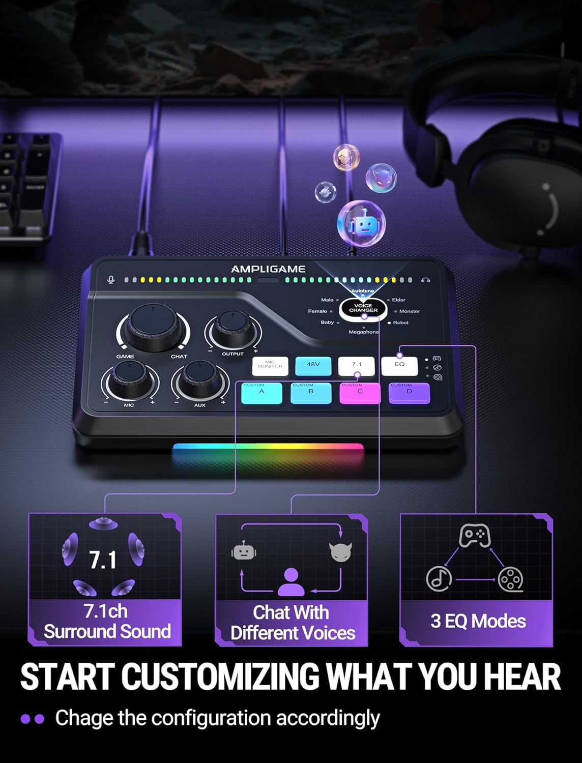 FIFINE AmpliGame SC8 Gaming Audio Mixer with RGB for PC and PS4, Black - مكسر صوت