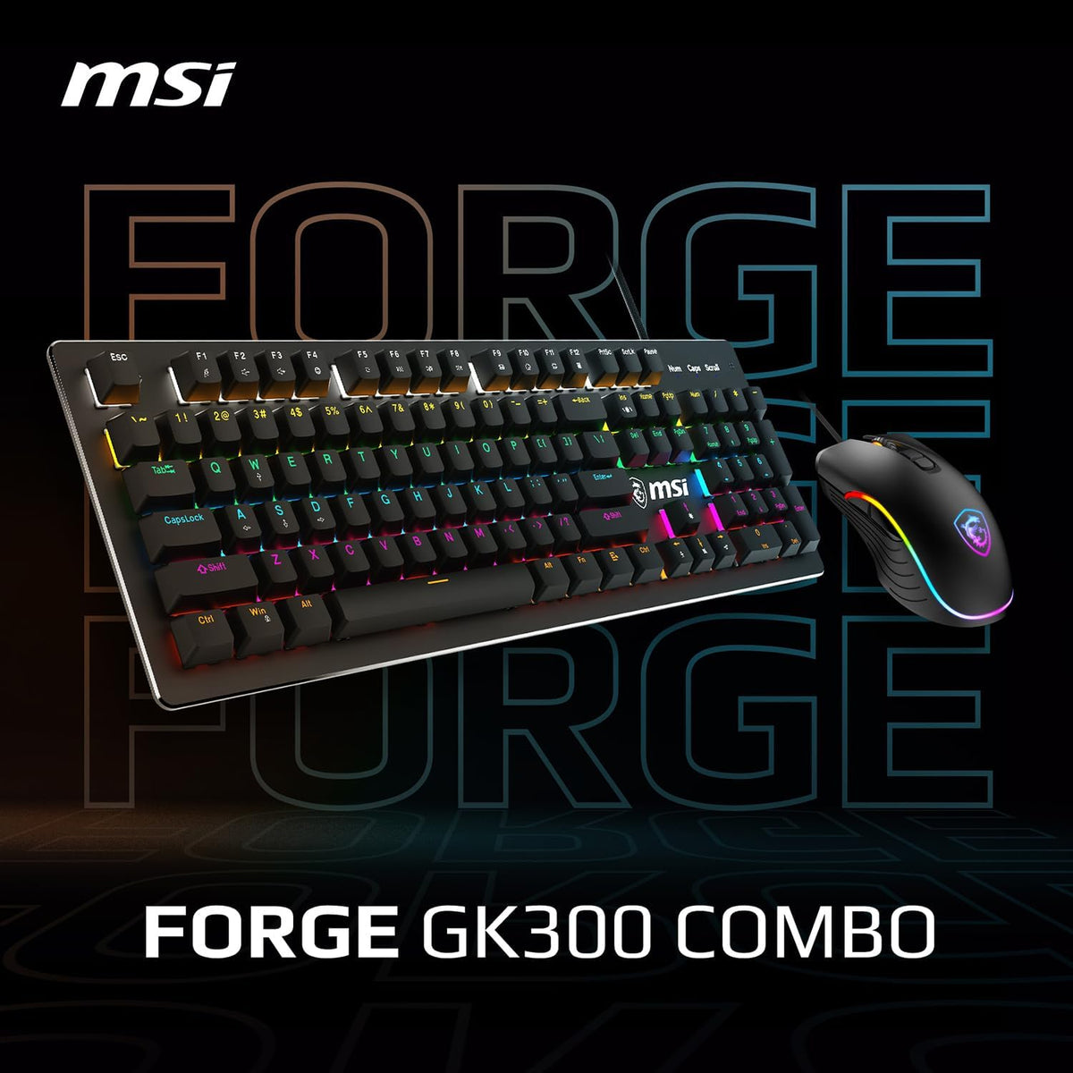 MSI Forge GK300 RGB Gaming Combo – Clicky Mechanical Blue Switches, 7200 DPI Optical Mouse, 9-Mode RGB & Floating Keycaps - ماوس وكيبورد ميكانيكي