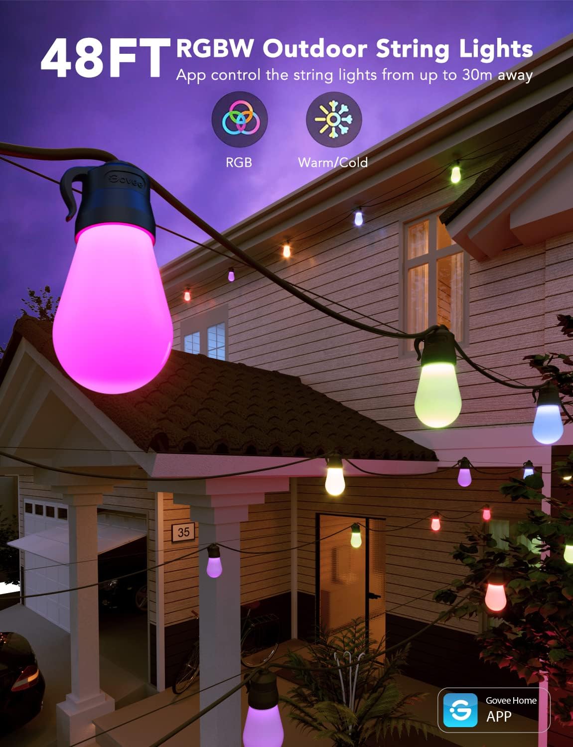 Govee Smart Outdoor RGBIC S14 String Lights 48ft/15M  – Wi-Fi & Bluetooth Patio Lights (IP65 Waterproof, 47 Scene Modes) - مصابيح أر جي بي