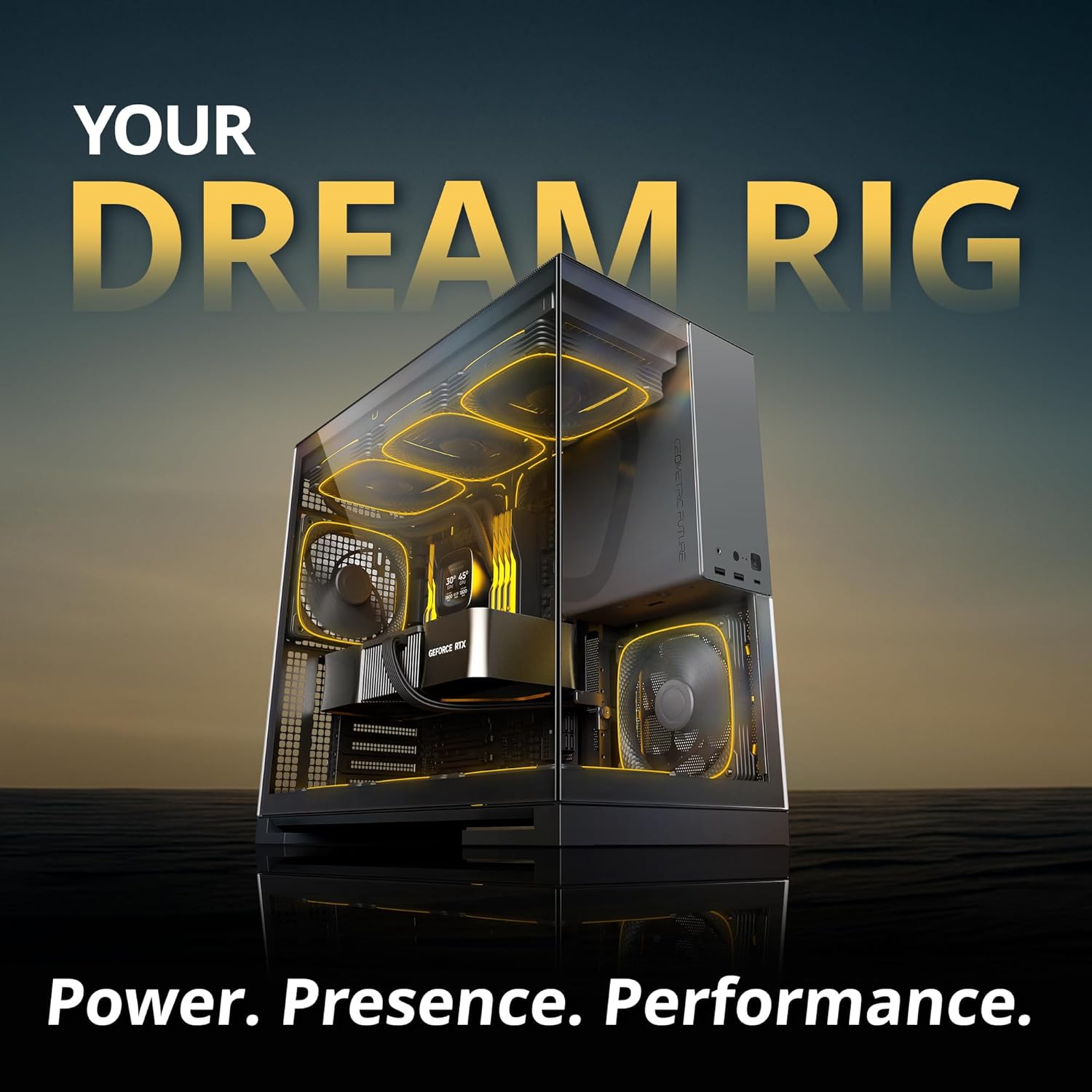Geometric Future M5 Tempered Glass Mid Tower, E-ATX/ATX Gaming Case, 1.2mm Steel, Type C, Toolless Panels, Support 420/360 Radiator, ARGB PWM 140m Fan x 5 Pre-Installed, Black/Grey - كيس
