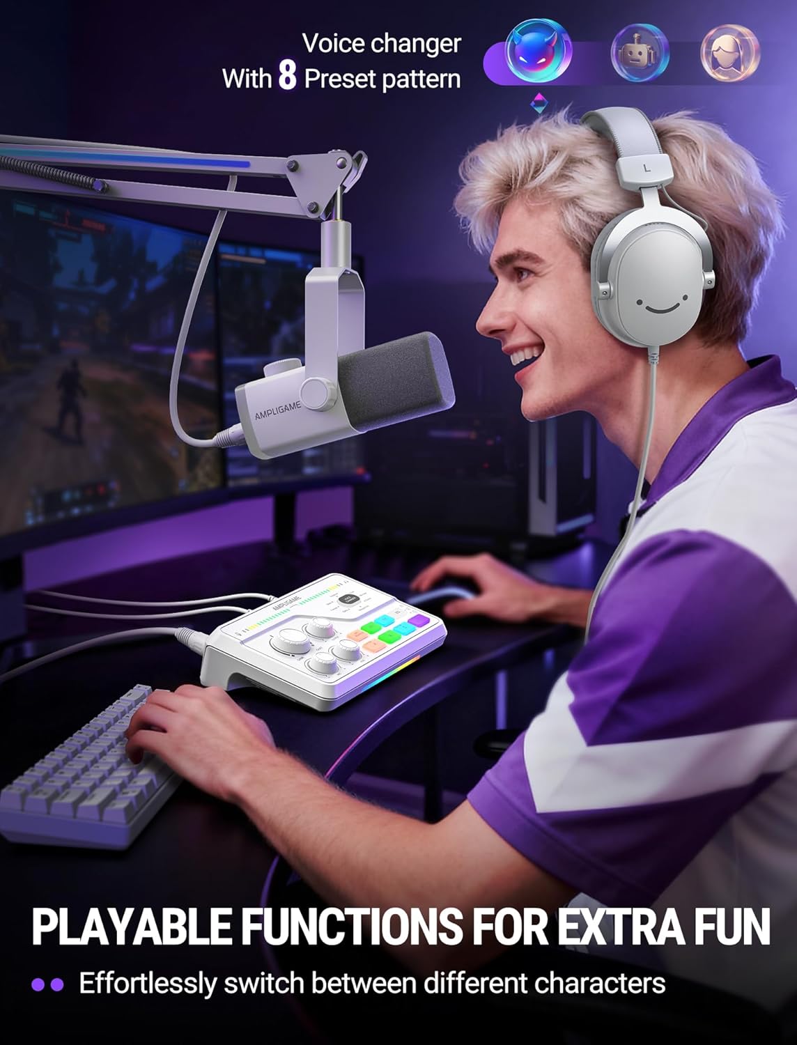 FIFINE AmpliGame SC8 Gaming Audio Mixer with RGB for PC and PS4, White - مكسر صوت