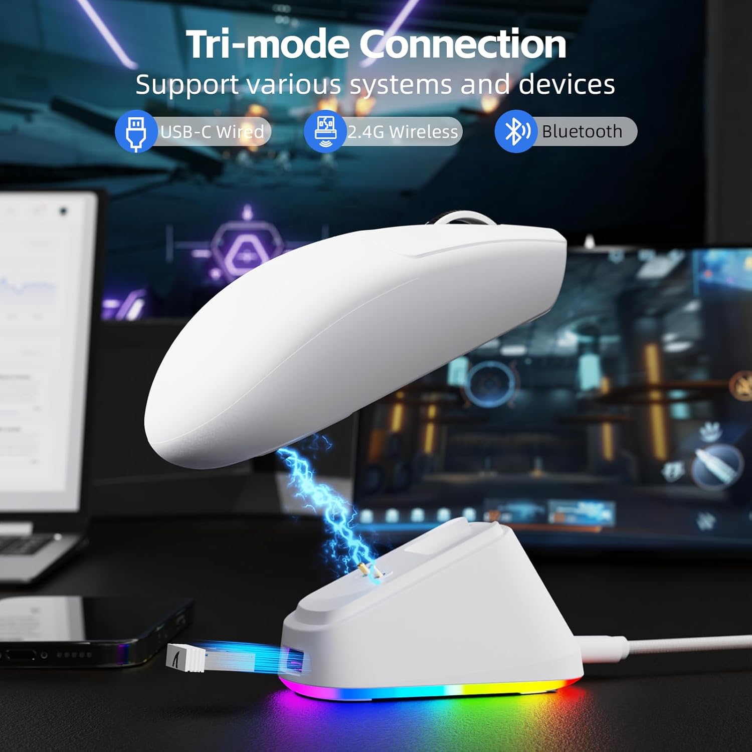 ATTACK SHARK G3PRO Tri-mode Wireless Gaming Mouse with RGB charge Dock White - موس قيمنق