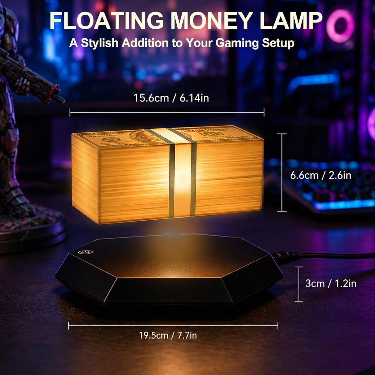 Floating Money Lamp – Magnetic Levitation Dollar Lamp with 3-Color LED Ambient Light & 360° Rotation - مصباح المال العائم