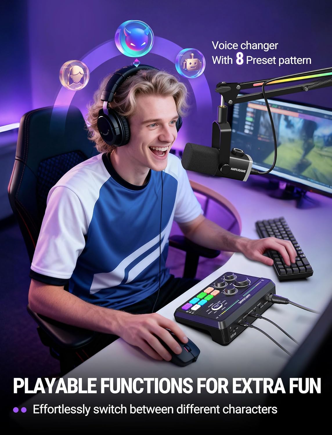 FIFINE AmpliGame SC8 Gaming Audio Mixer with RGB for PC and PS4, Black - مكسر صوت