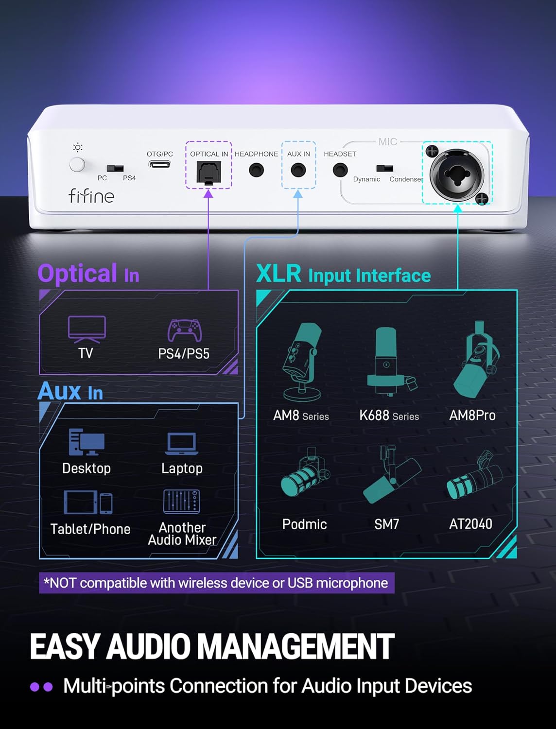 FIFINE AmpliGame SC8 Gaming Audio Mixer with RGB for PC and PS4, White - مكسر صوت