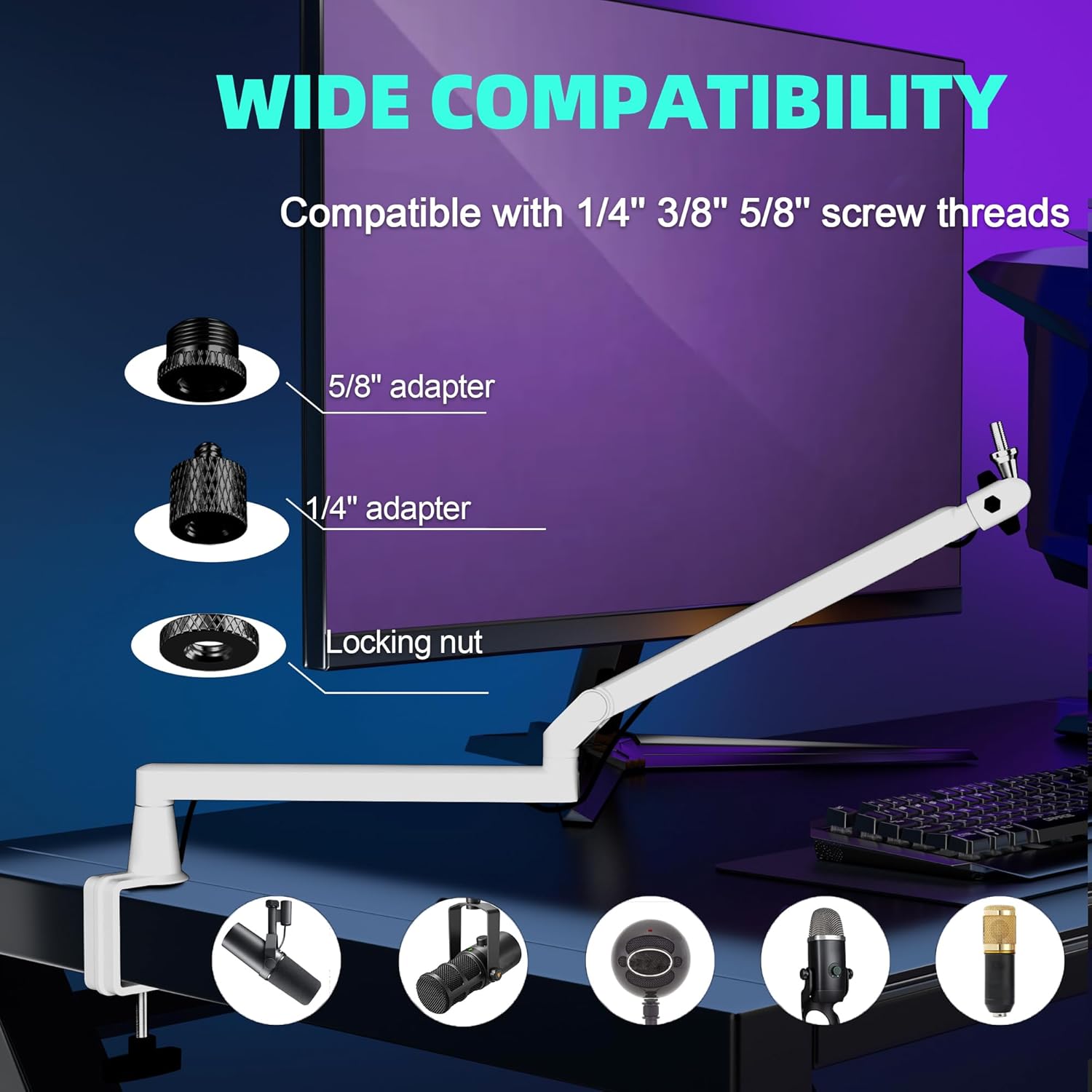 Prizmora ( AS17W-US)  Low Profile Mic Arm Microphone Boom Arm Professional Adjustable with 15cm Riser Solid Desk Mount Clamp Cable Management Microphone Holder Stand for Podcast Streaming Gaming Mic Stand White - ستاند للمايك