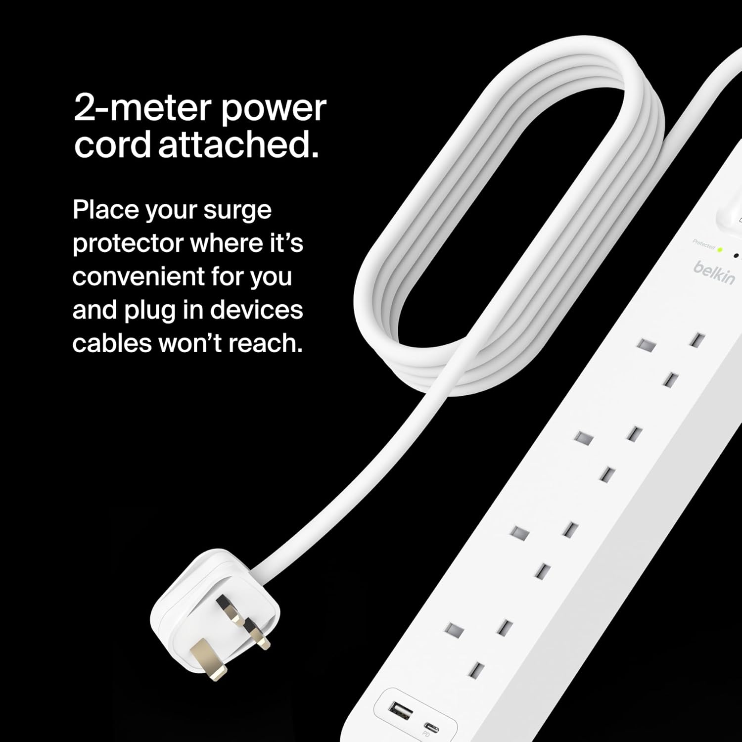 Belkin 4-Outlet Surge Protector Power Strip, Wall-Mountable with 4 AC Outlets, 2M Power Cord, & Green Indicator Light - USB-C Port & USB-A Port w/USB-C PD Fast Charging - 525 Joules of Protection