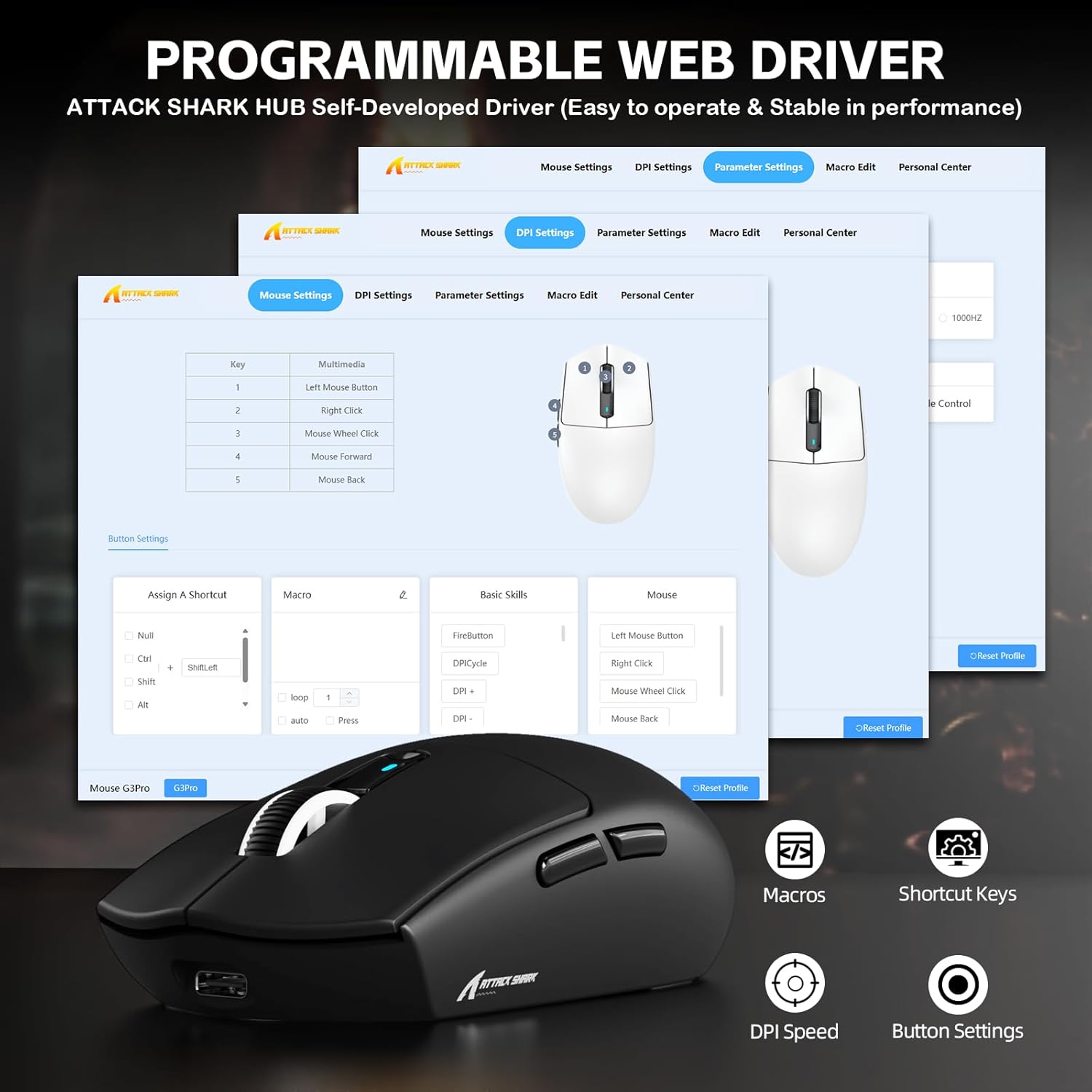 ATTACK SHARK G3PRO Tri-mode Wireless Gaming Mouse with RGB charge Dock Black - موس قيمنق