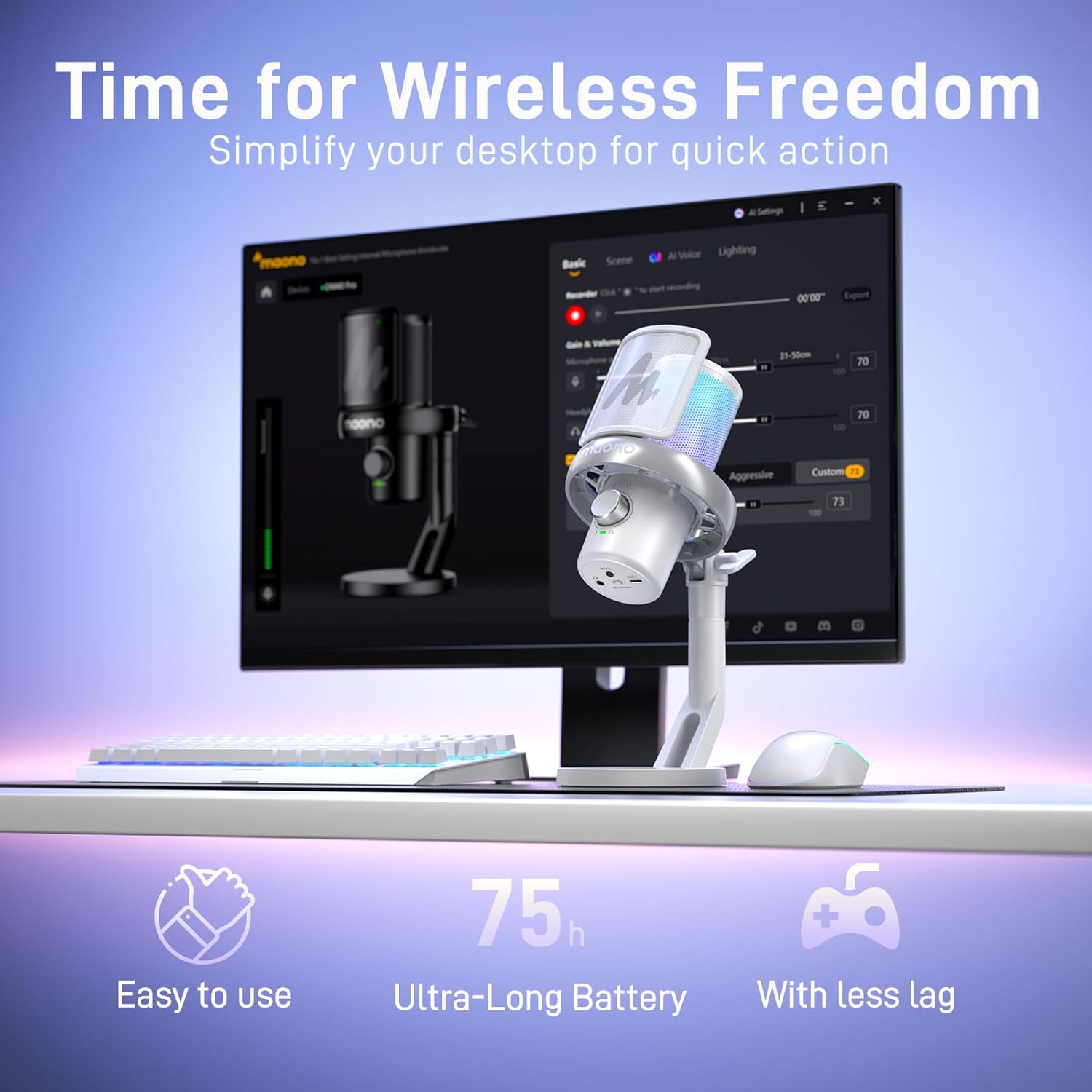 MAONO DM40 Pro wireless RGB Microphone With AI, Noise Cancellation, for Sony, Twitch, YouTube - White - مايكروفون لاسلكي أبيض