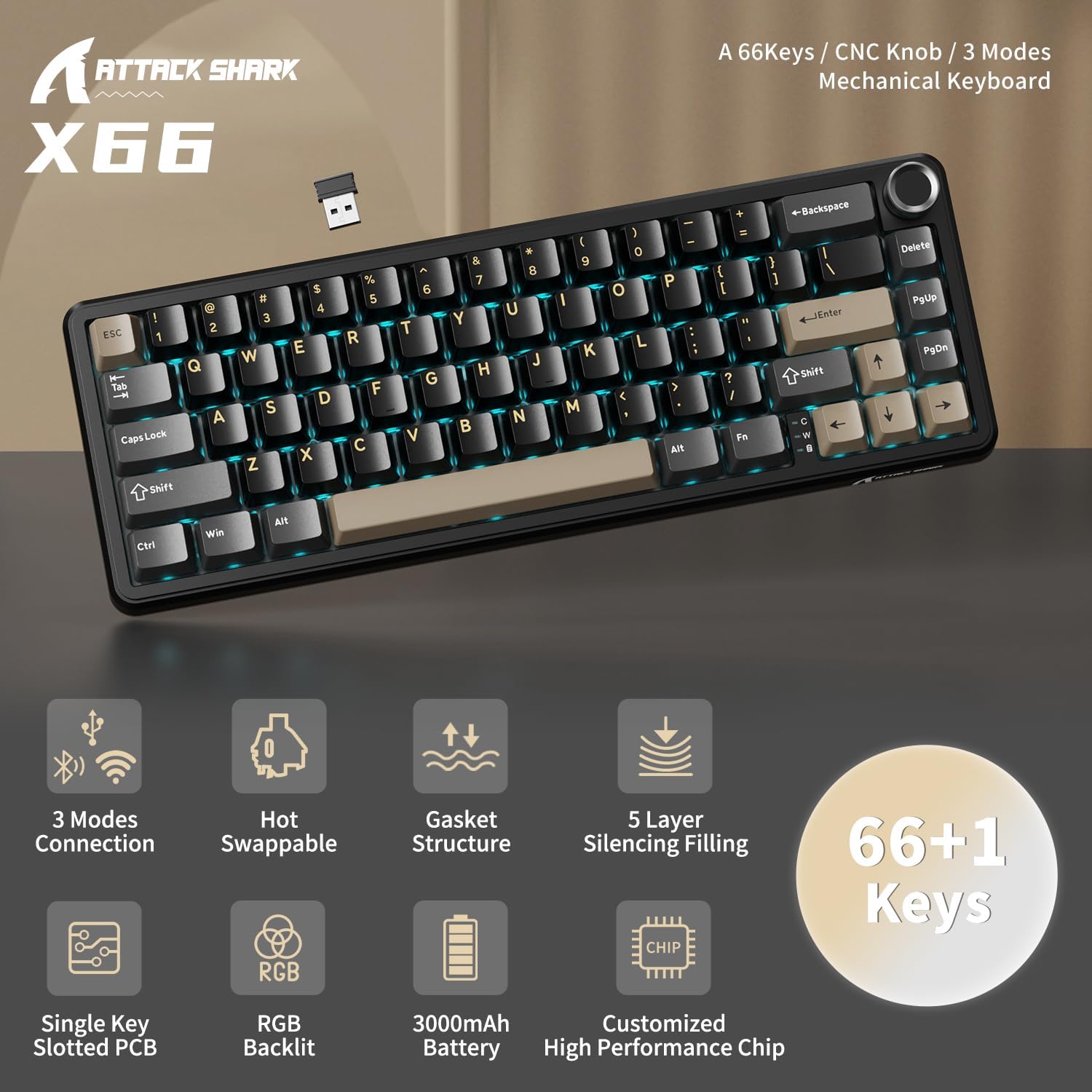 Attack Shark X66 Wireless Mechanical Gaming Keyboard RGB 3 Mode – Black - كايبورد قيمينغ وايرلس
