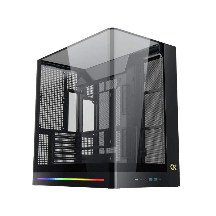 XIGMATEK Pano II E-ATX Medium Tower Case with One-Piece Curved Tempered Glass, 8 x 120mm ARGB Fans and PWM Remote Case, Vertical GPU Mount Included- كيس العاب أسود للكمبيوتر