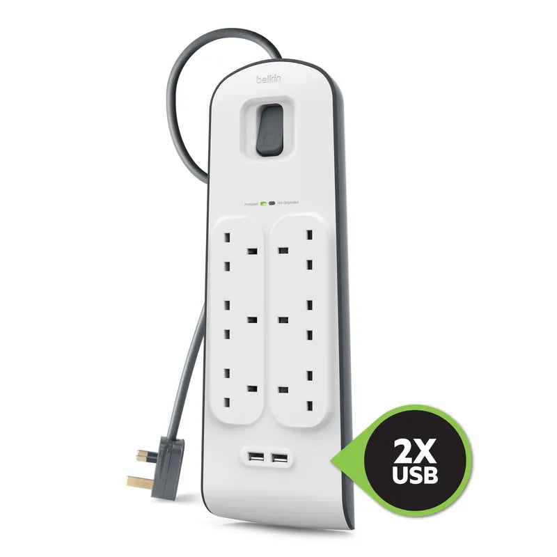 Belkin Surge Protector 6 Outlet 2 USB 2m - موزع كهربه 6 في 1 مع نضام أمان