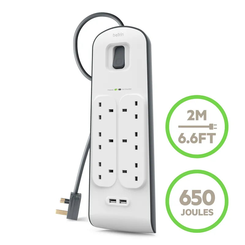 Belkin Surge Protector 6 Outlet 2 USB 2m - موزع كهربه 6 في 1 مع نضام أمان