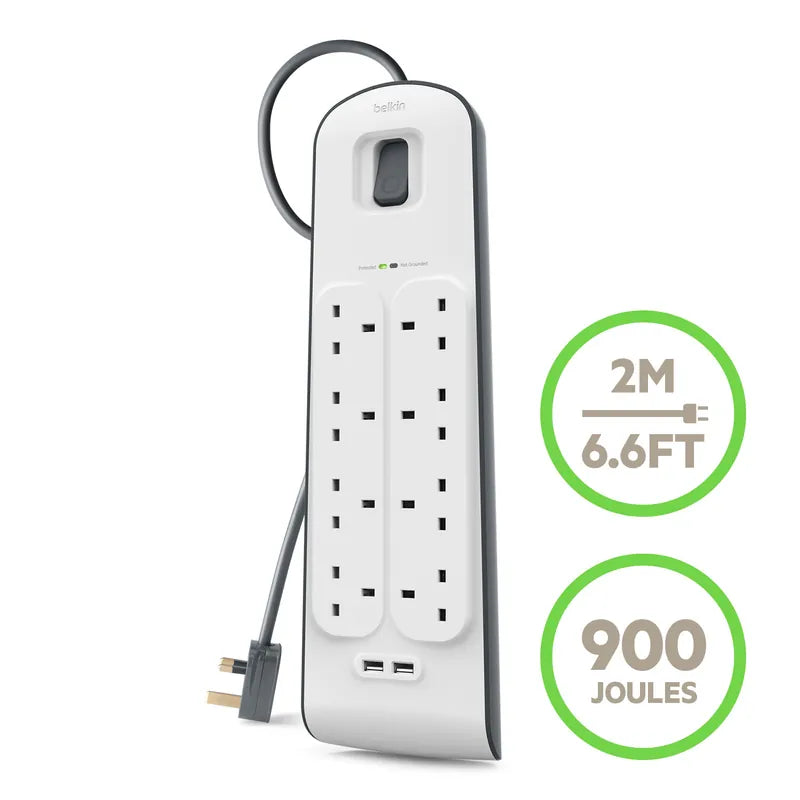 Belkin Surge Protector 8 Outlet 2 USB 2m - موزع كهربه 8 في 1 مع نضام أمان