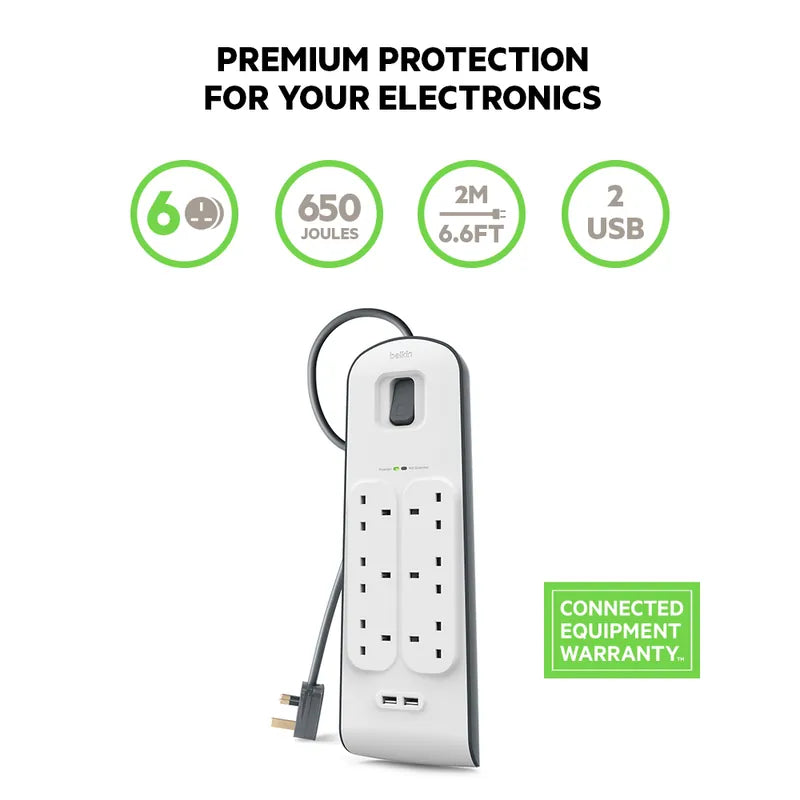 Belkin Surge Protector 6 Outlet 2 USB 2m - موزع كهربه 6 في 1 مع نضام أمان