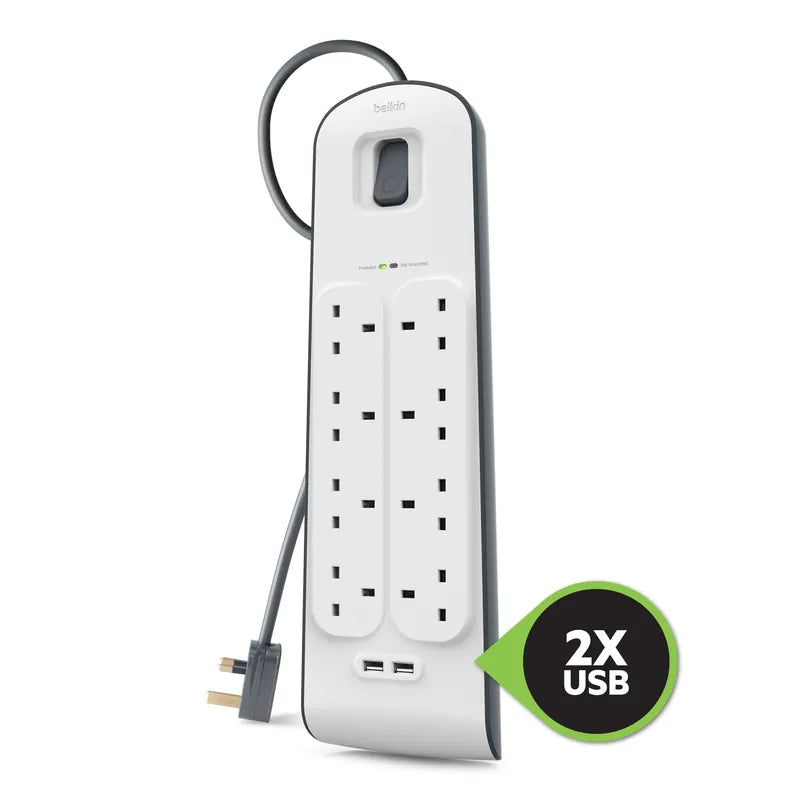 Belkin Surge Protector 8 Outlet 2 USB 2m - موزع كهربه 8 في 1 مع نضام أمان